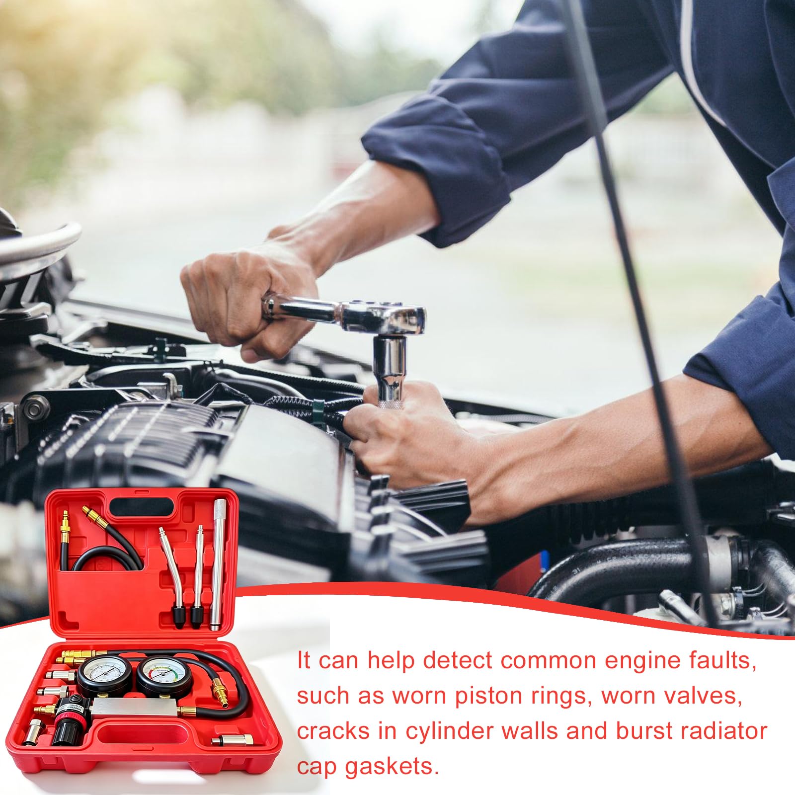 TU-21 - Kit tester di perdite per cilindro, tester di compressione per motore a benzina con asta di prolunga, doppio manometro, rilevatore di perdite per test di pressione e test di tasso di perdite