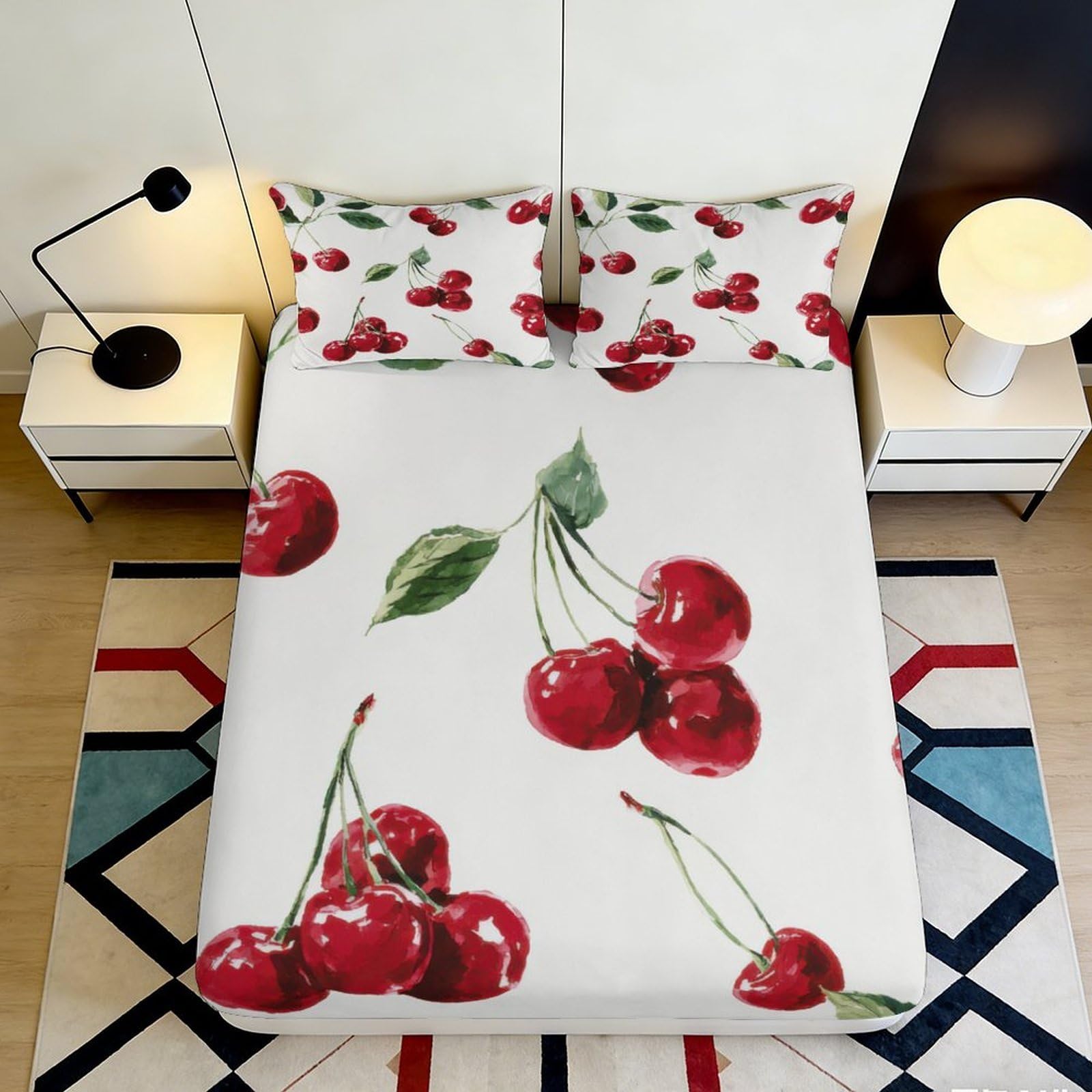 3D Printed Cherry Fitted Sheet Microfiber Soft Breathable Red Fruit Bed Sheet for Bedroom Dormitory Guest Room Mattress Protection Decor 160x200x25cm