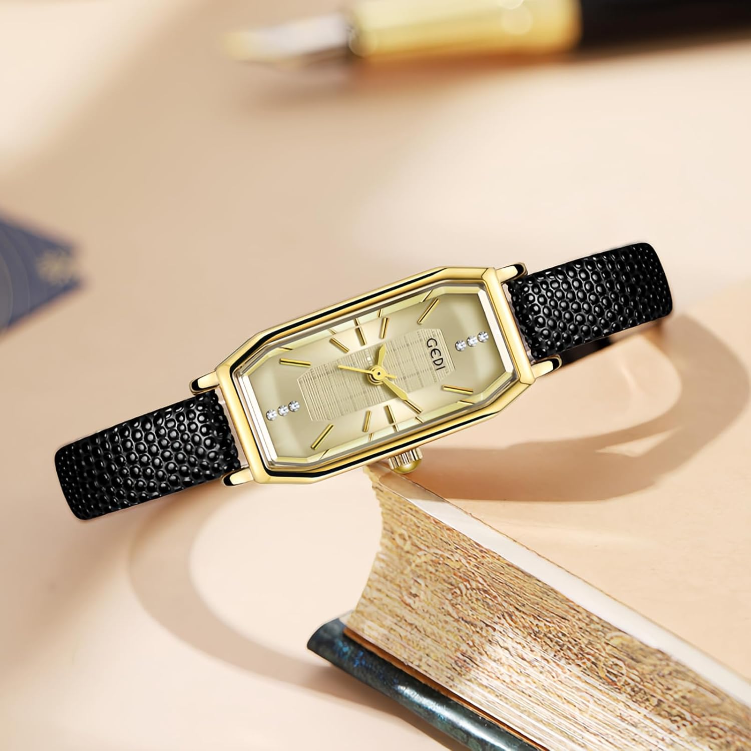 CARLIEN Women's Small Gold Vintage Dainty Rhinestone Rectangular Quartz Watch Slim Leather Band Waterproof Analog Wristwatch for Women - Image 2