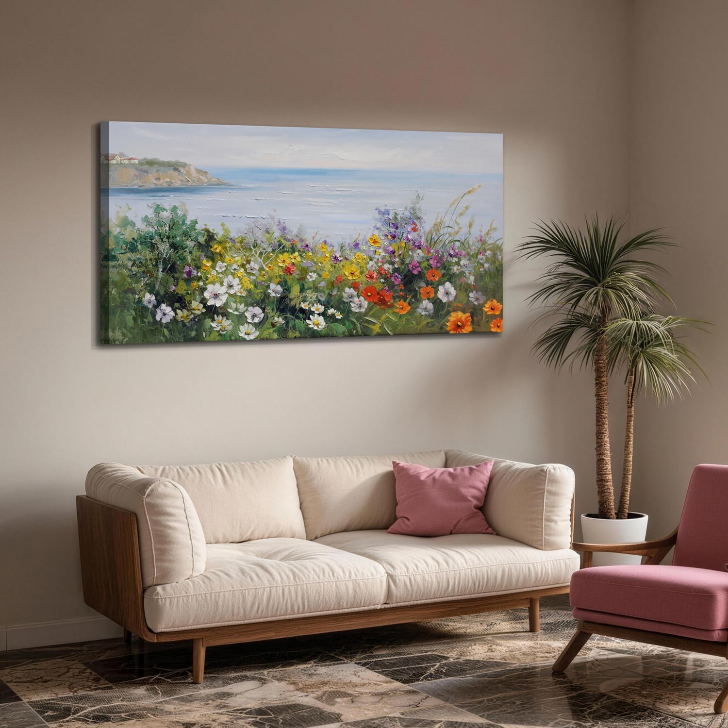 Acocifi Coastal Floral Wall Art Canvas Nature Flower Landscape Seascape Painting Colorful Wildflowers Picture, Large Textured Artwork for Living Room Bedroom Bathroom Kitchen Office Home Decor 58"x29"