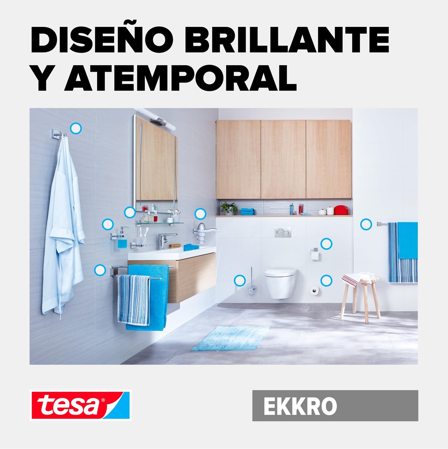 tesa Ekkro Escobilla de baño, metal cromado brillante, tecnología autoadhesiva de montaje en pared, 390 x 116 x 147 mm