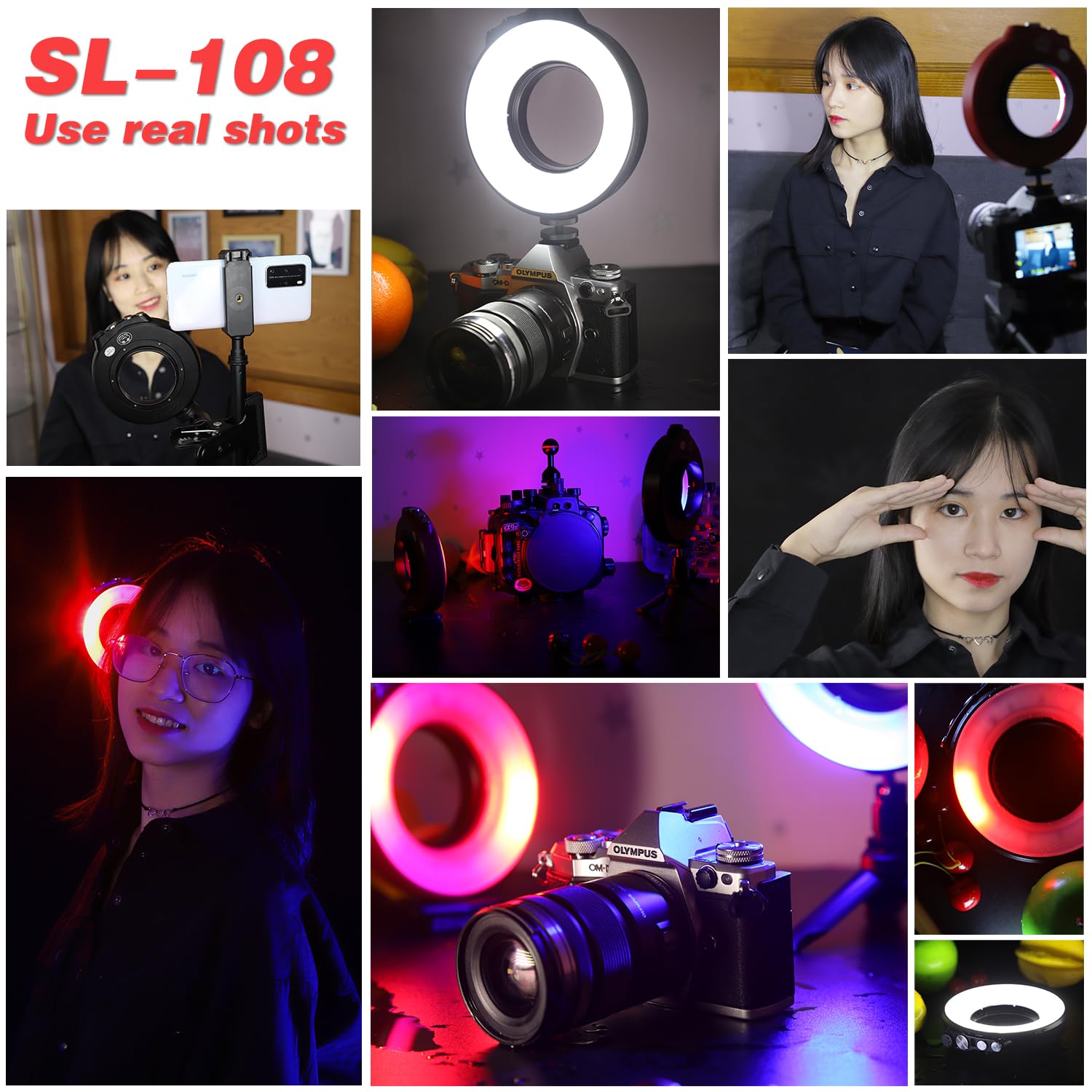 Dive Light, SL-108 Waterproof Ring Diving Flashlight for Camera Or Housing Case, 4-14H Battery Portable LED Lights for Pictures, Phone Light Clip for Selfie (Black)