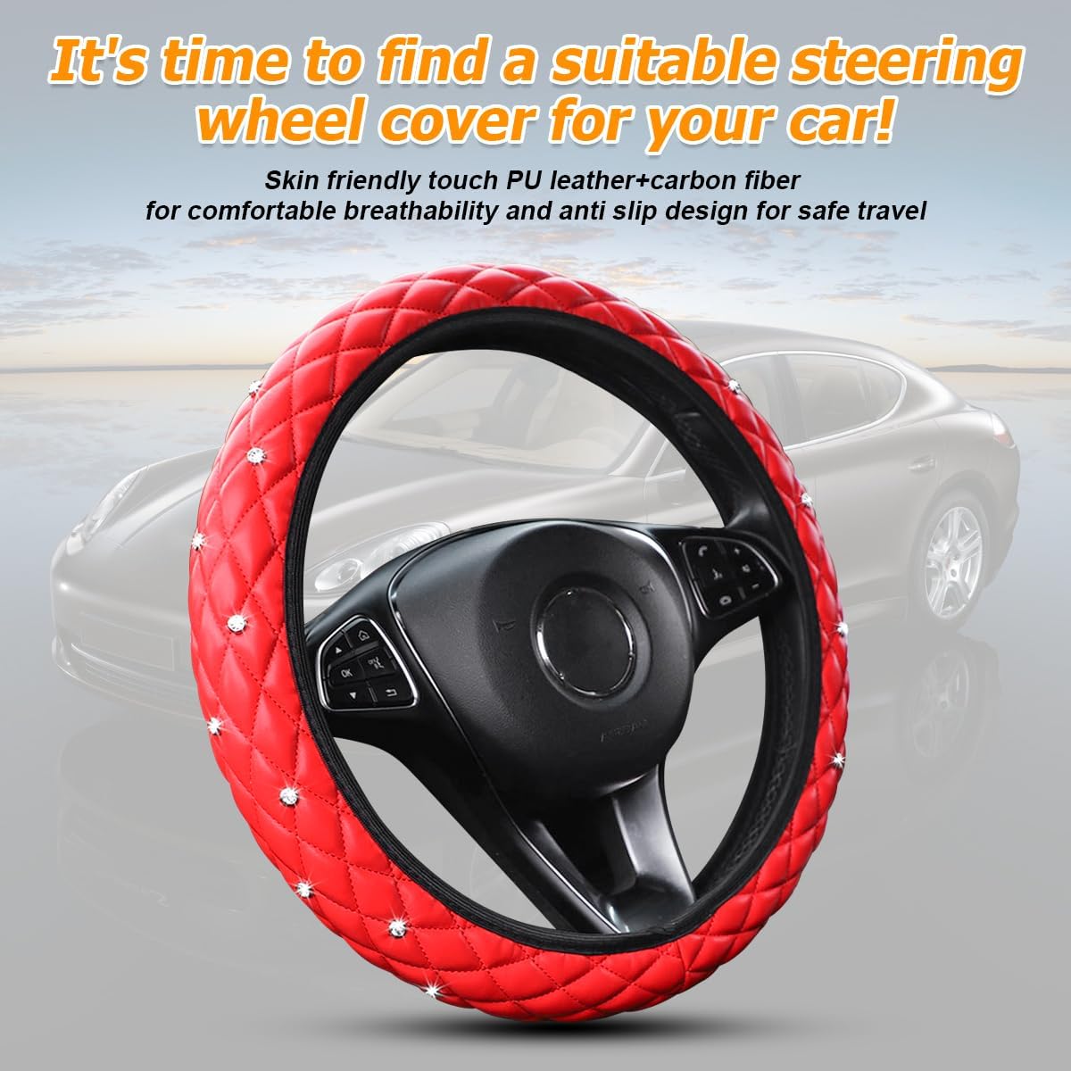 HZEL Bling Elastic Car Steering Wheel Covers, Leather Anti Slip Vehicle Steering Wheel Protector with Crystal Rhinestones, Diamond Auto Interior Decor Accessories, Universal Fit (Red)