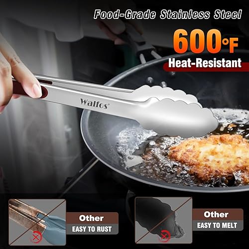 Miniatura 3 de Walfos Pinzas de cocina de acero inoxidable  Pinzas de metal de bloqueo resistentes de 7, 9 y 12 pulgadas para cocinar, asar a la parrilla, juego de