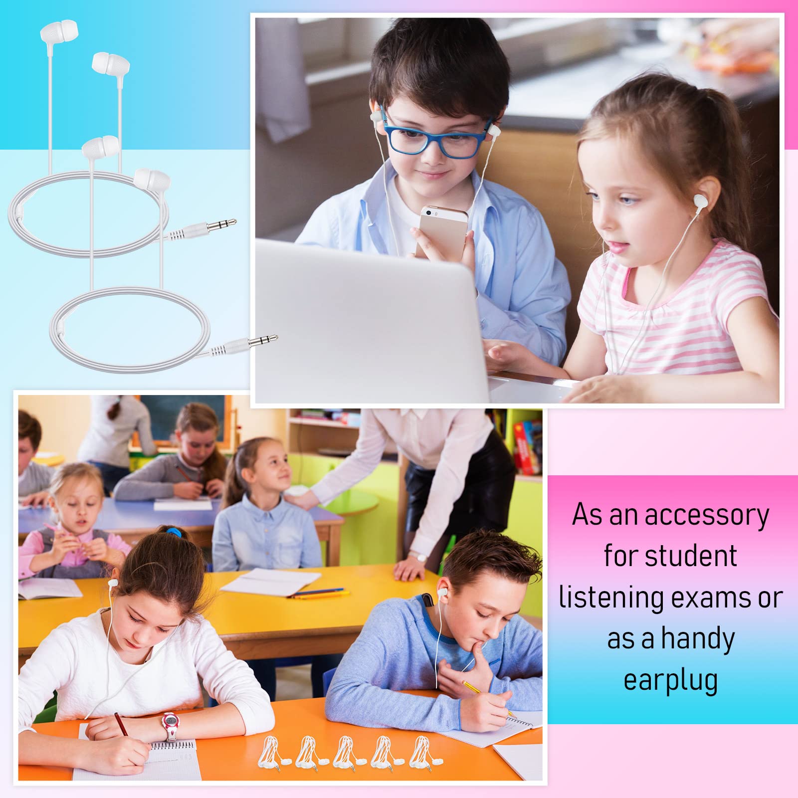 Macarrie Confezione da 200 auricolari per bambini, 3,5 mm, per studenti, colori assortiti, auricolari cablati senza microfono, per scuola, classe, studenti, confezionati singolarmente (bianco)