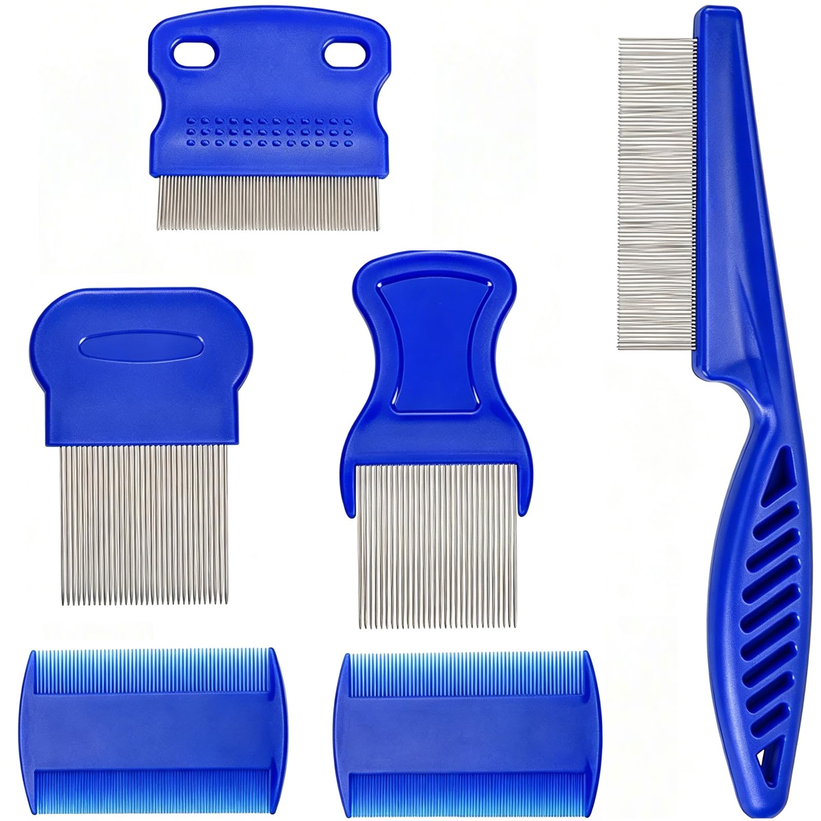 6 Pack Flea Comb Set for Cat and Dog, Stainless Steel Pet Grooming Combs with Fine Rounded Teeth, Lice Comb, Tear Stain Remover and Detangling Tool for Small, Medium and Large Pets