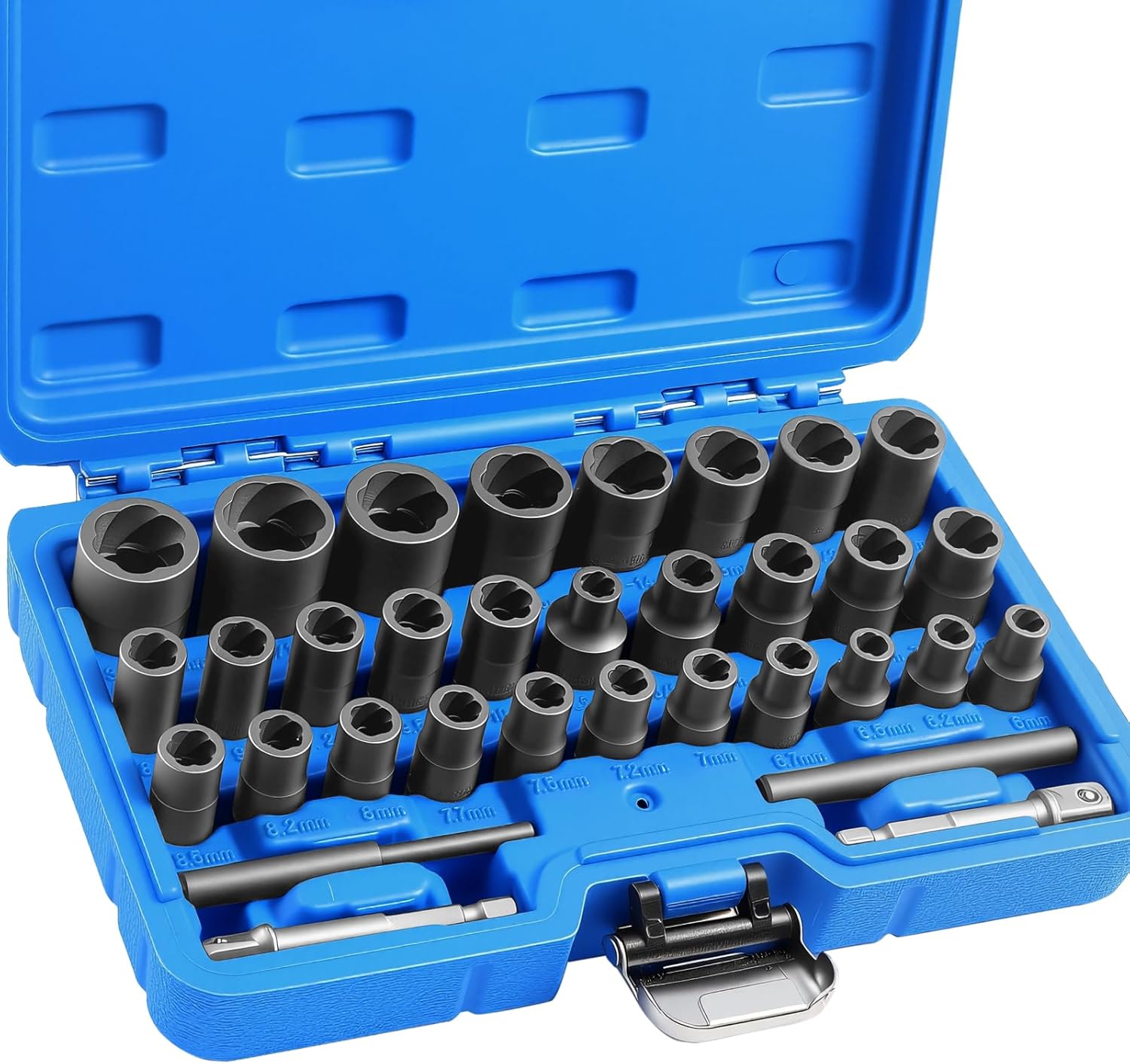 DISEN 33 PCS Bolt Extractor Kit Set, 1/4" & 3/8" Bolt and Nut Remover Set CR-MO Steel Extraction Socket Set with Storage Case Drive Lug Nut Removal Tool for Rusted, Damaged, Round Bolt Nuts Screws