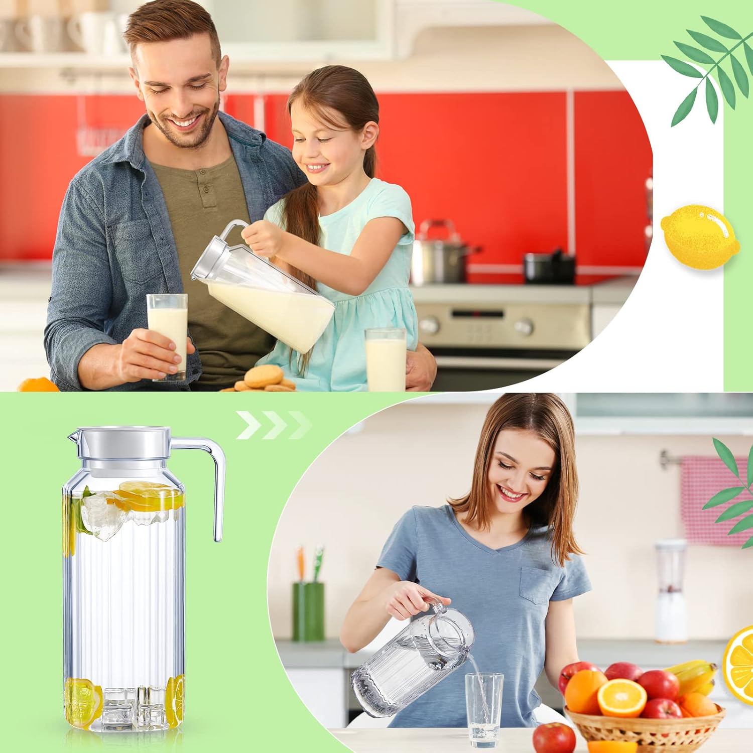 Panitay 2 Pcs 68 Ounces Plastic Pitcher with Lid Clear Acrylic Pitcher Shatter Proof Juice Containers with Lids for Water Milk Sangria Lemonade - Image 6