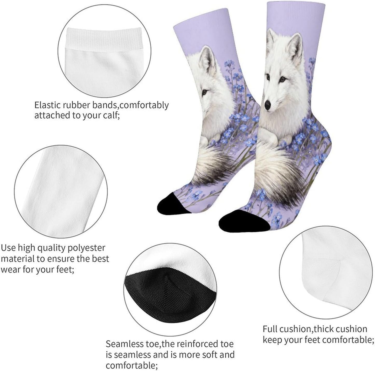 Arctic Fox in Violets Crew Socks Moisture Wicking Ankle High Cushioned Arch Support Seamless Toe Athletic & Casual