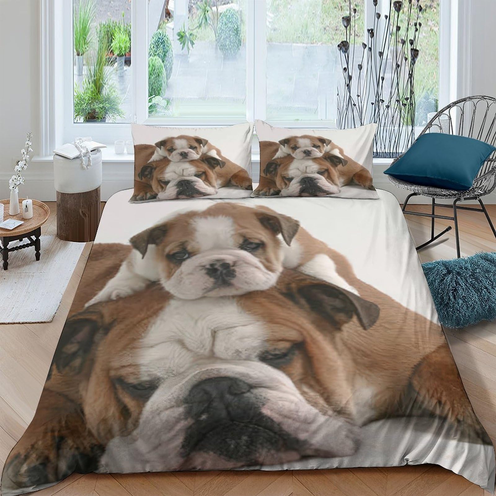 XFKLYNVCJ 3D Printed Bulldog puppies Bed Cover Breathable Fabric Cute pet companions Bedding Cover Soft Comfortable Quick Drying Wrinkle Free for Guest Room Home Use Single（140x200cm）