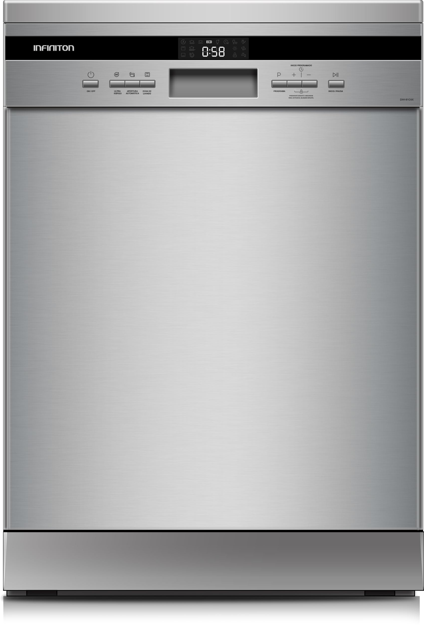 Infiniton Lavavajillas Independiente 60 cm DIW-68CAX, 14 Servicios, 8 Programas, Motor Inverter, Media Carga, Inox, C