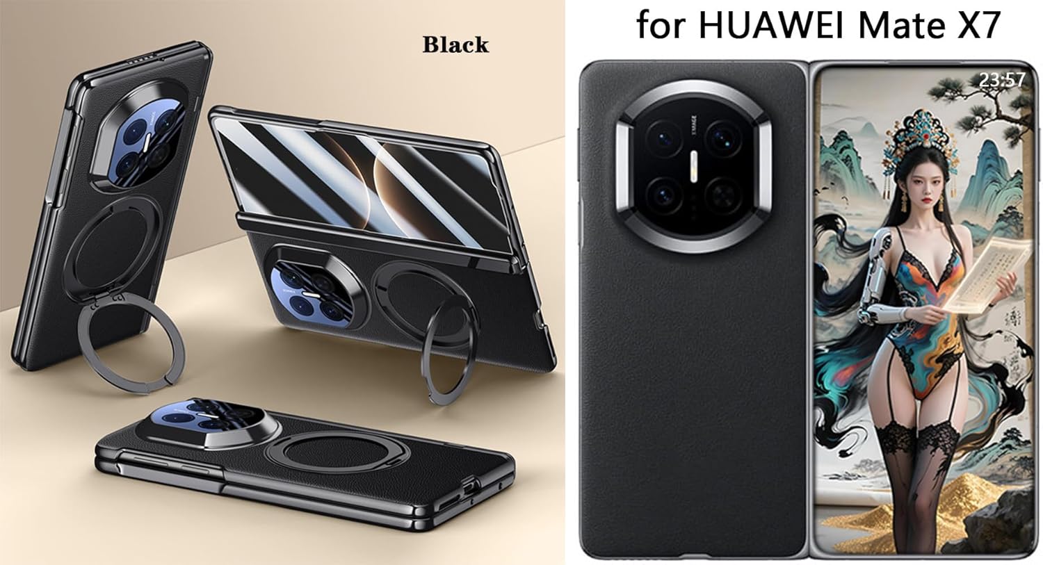 Leather Case for Huawei Mate X7, Hinged Cover for Mate X 7, Mobile Phone Shell, Rotating Magnetic Bracket, Cellphone Holster -Black
