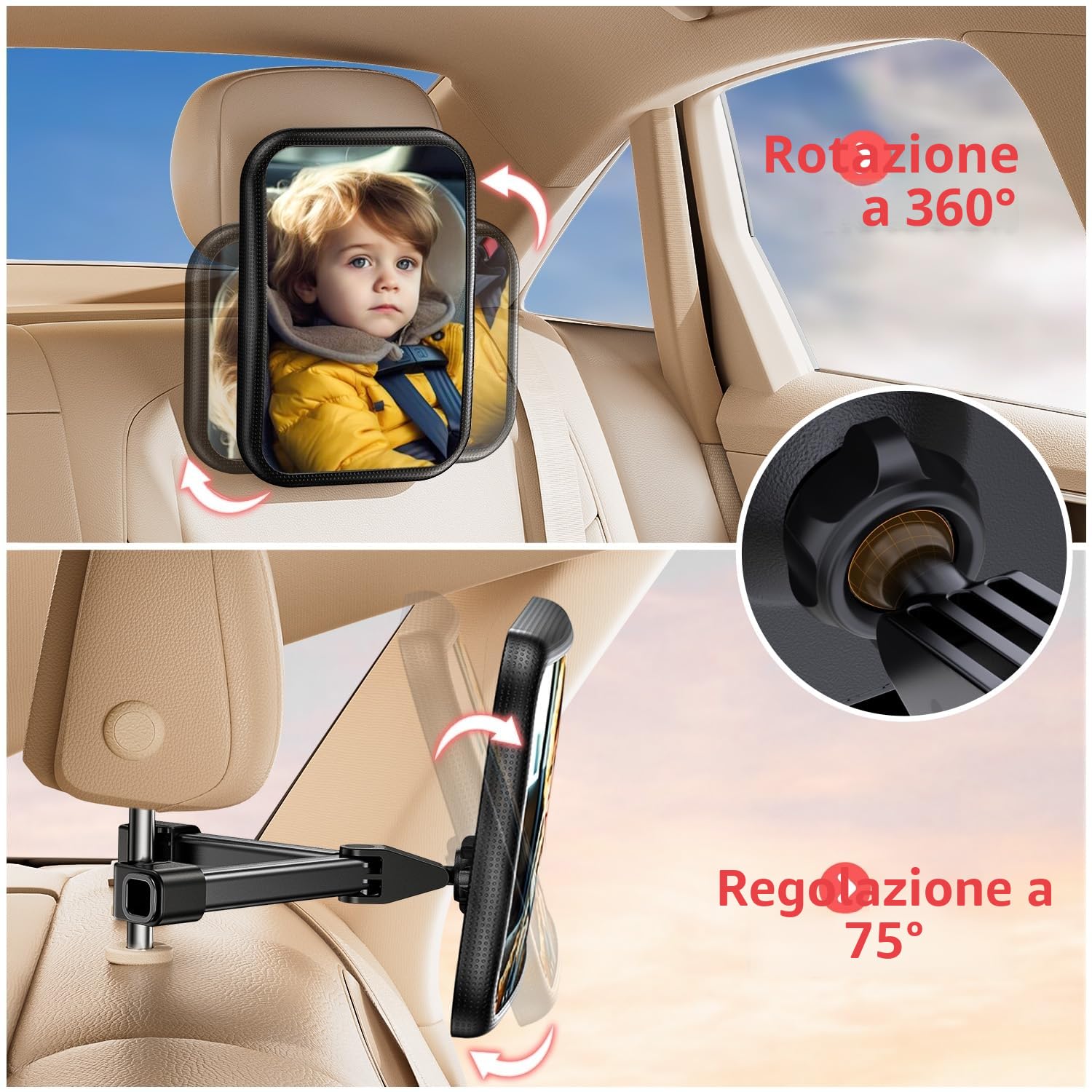 Specchietto Retrovisore Bambini Poggiatesta Auto, 100% Infrangibile Specchietto Retrovisore Auto, Rotazione a 360° Specchio Macchina Neonato Sedile Posteriore, Accessori per auto da viaggi