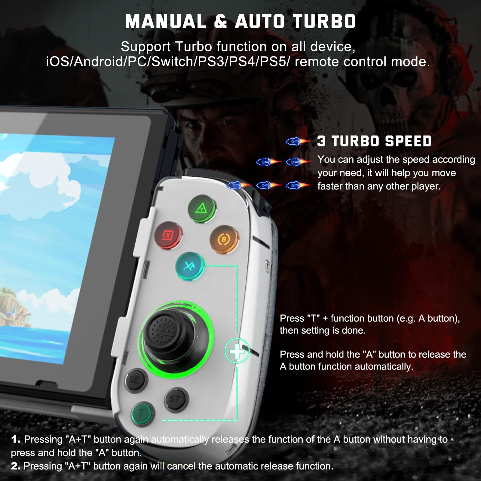 Joso Controller di Gioco Mobile per iPhone/Android/PC/Switch/PS4/PS3, Joystick Bluetooth Gamepad con Turbo/giroscopio/Vibrazione a 6 Assi, Play Call of Duty, Roblox, Genshin Impact, Cloud Gaming