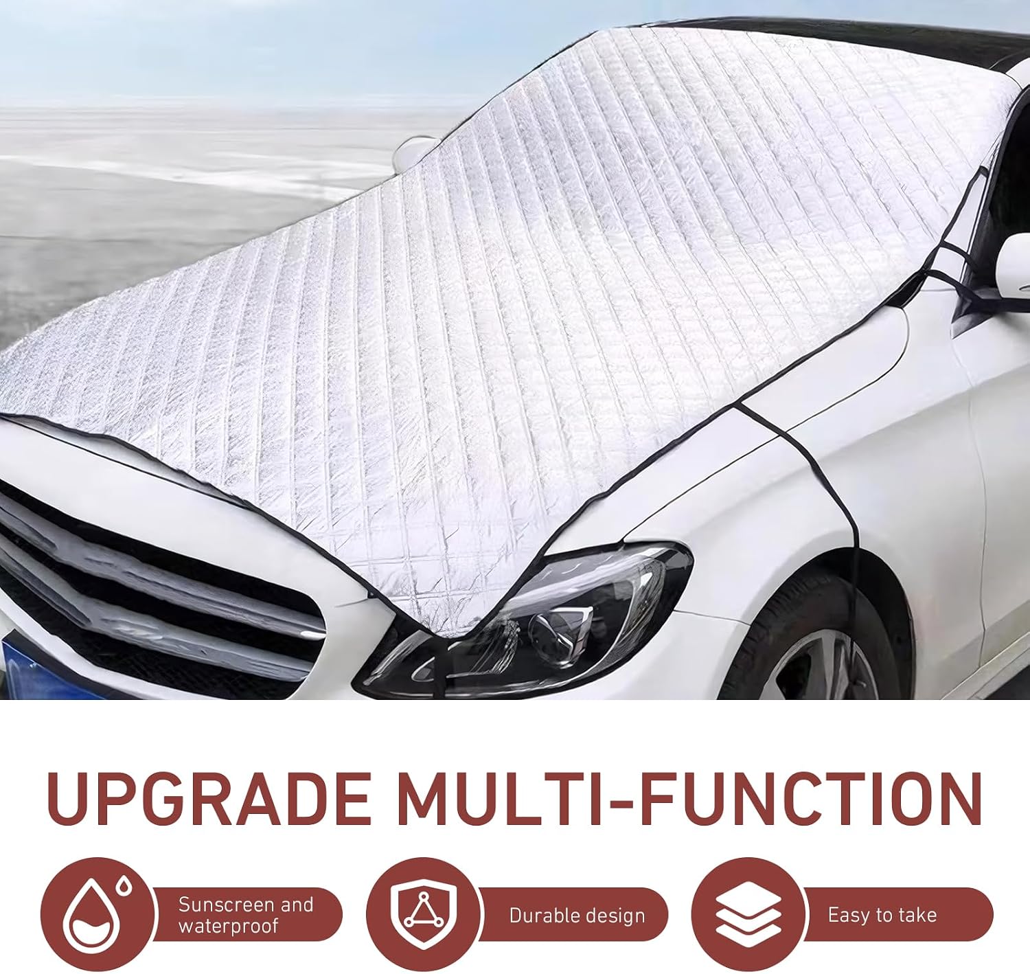 Universal Foldable Half Car Cover, Windproof Windshield Sunshade with Cotton Liner, Heavy-Duty All-Season Protection for Snow, Hail, Scratch & UV (Silver)