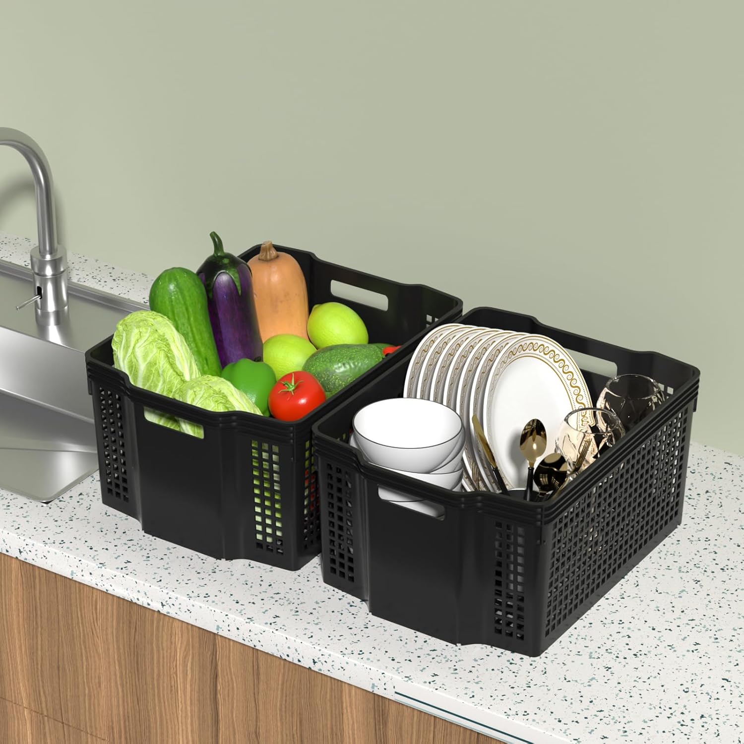 12 Packs Plastic Stackable Storage Baskets, Large Storage Plastic Basket, Black