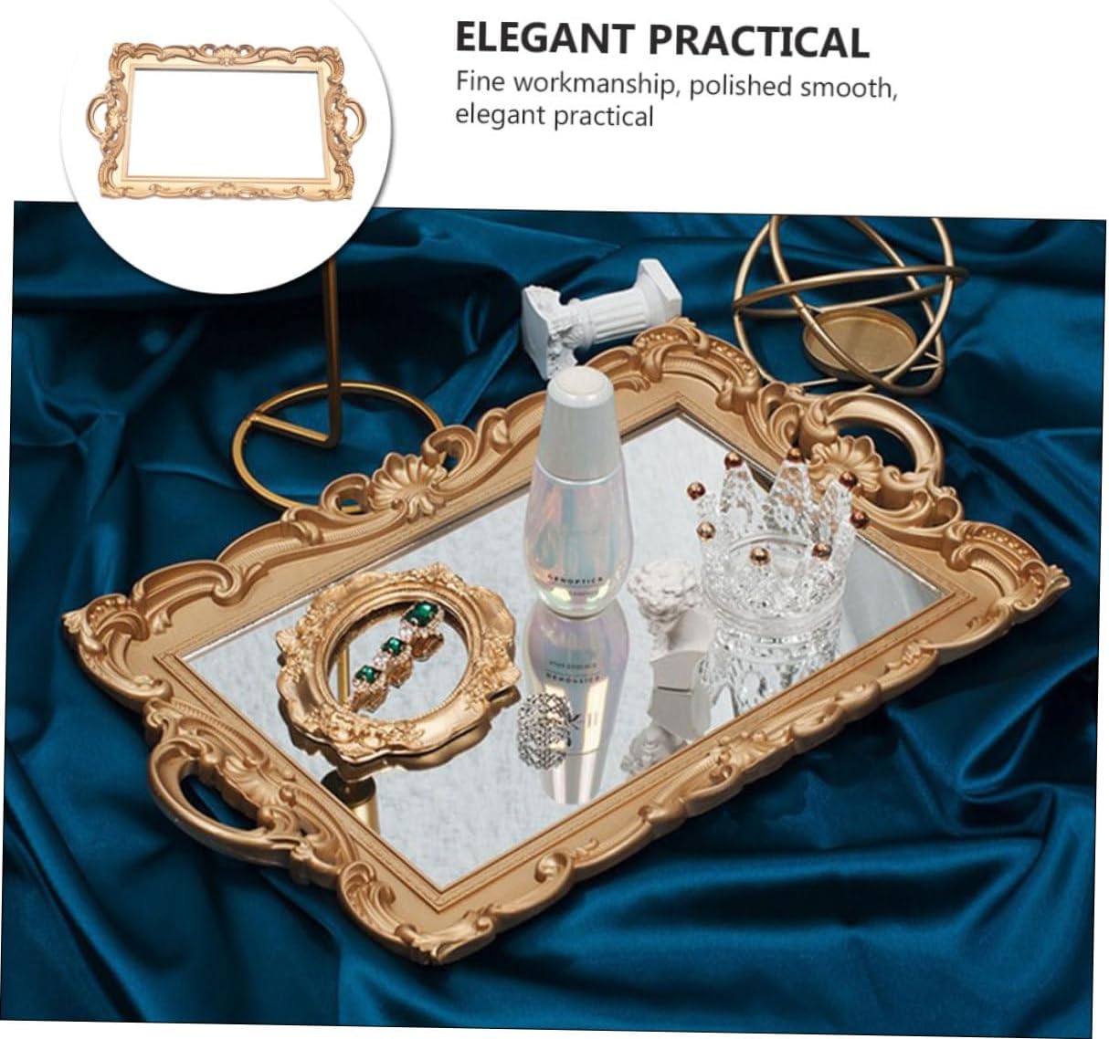 Vintage European Style Mirror Tray for Cosmetics Storage, Golden Rectangular Decorative Organizer Plate, Perfume Display Photo Prop for Home Décor and Vanity