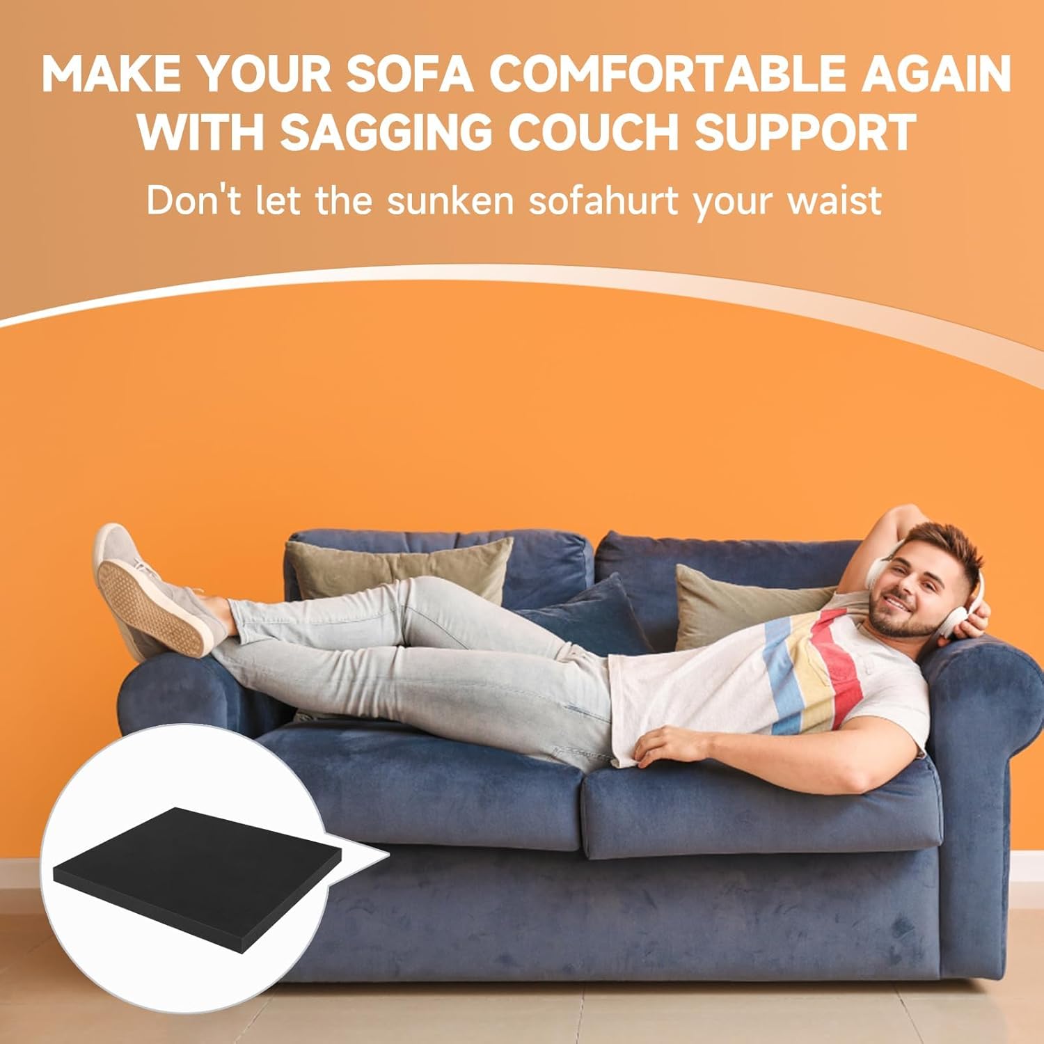 22"×22" Couch Cushion Support for Sagging Seat, 2-Pack 40D Square High-Density Foam Sofa Cushion Support Board,Couch Supporter for Under The Cushions,Black (Black, 2PCS)