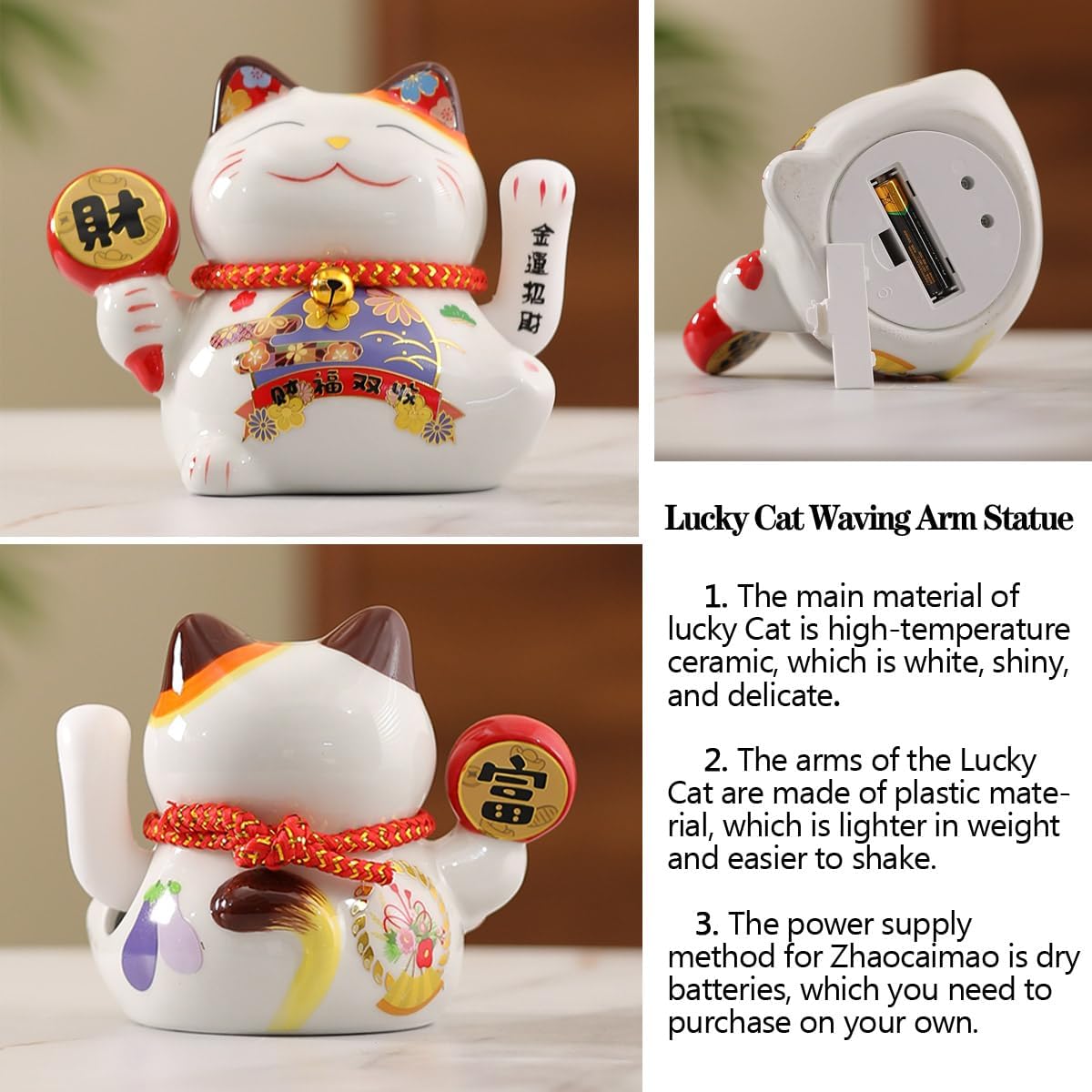 Indoor Tabletop Waterfall Fountain with Chinese Ceramic Lucky Cat Waving Arm Figurine，Desktop Mini Water Fountain Decoration，LED Light Ring Backflow Incense Burner for Desk