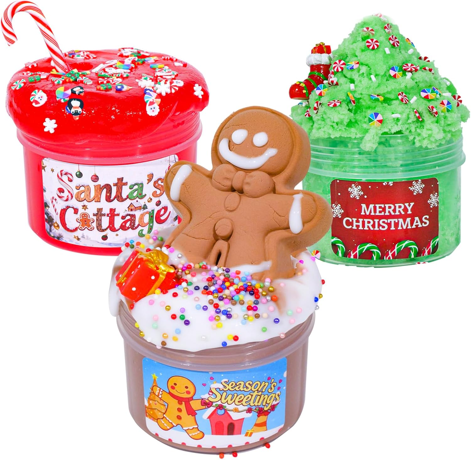 Tototang Slime 3-Pack, DIY Clay Gingerbread Man,Christmas Tree(ICEE Texture),Red Cane(Jelly Texture)-Handmade Slime