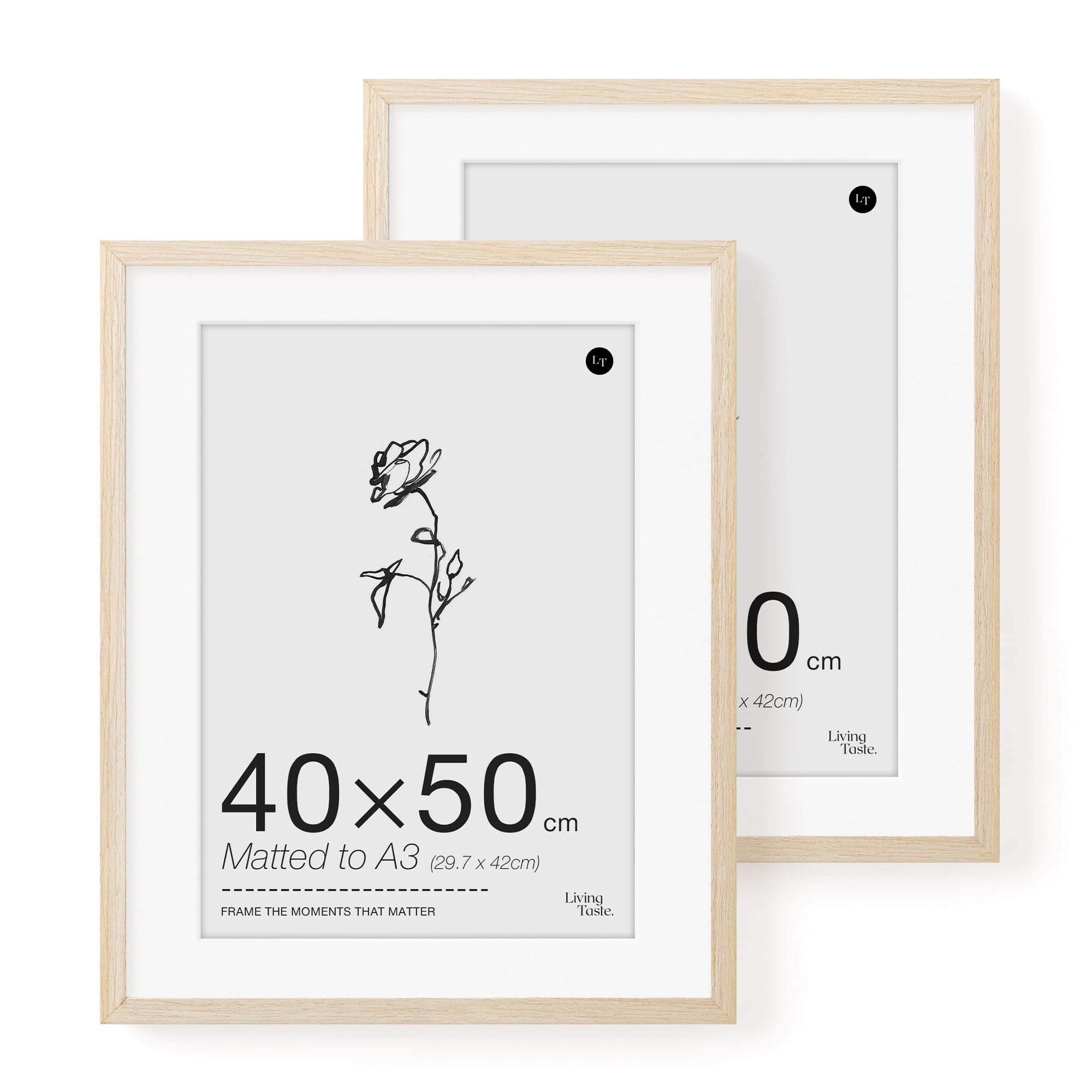 LIVINGTASTE 40x50cm Picture Frame, 16x20 inch Wood Photo Frame with Mount for A3, 2 Pack Natural Oak Finish Wall Frame with Acrylic Front, Ideal for Gallery Display, Poster Art Print