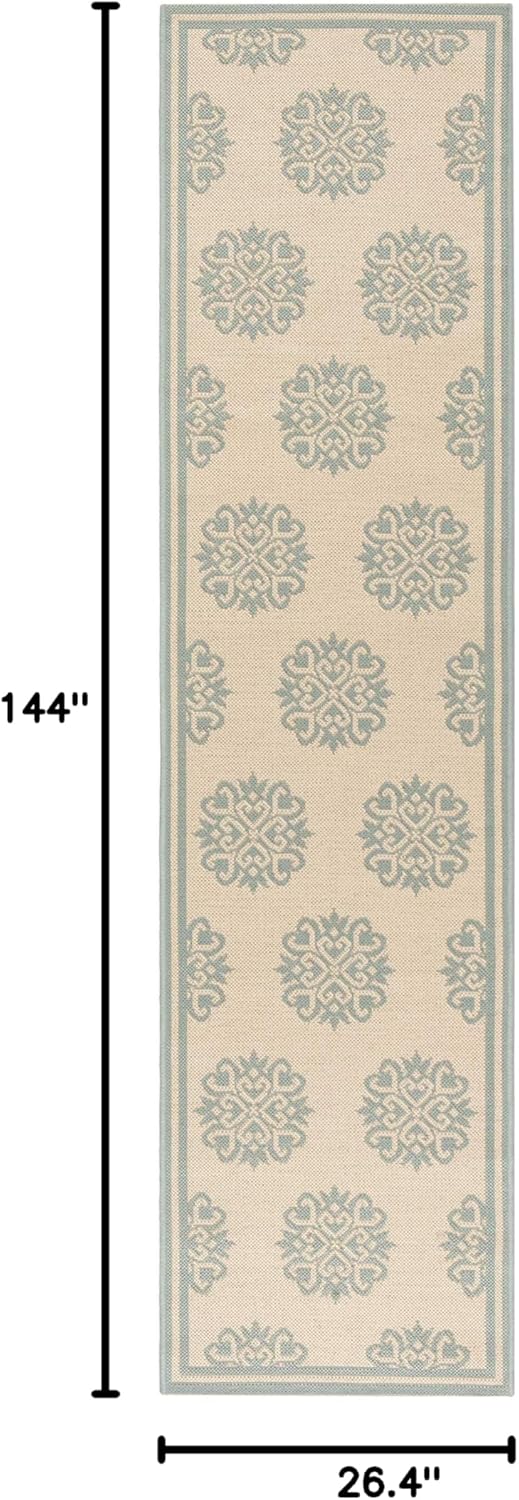 SAFAVIEH Washable Rug Outdoor Beach House Collection - 2'2" x 12' Runner, Cream & Aqua, Non-Shedding & Easy to Clean, Ideal for Patio, Backyard, Mudroom (BHS181L)