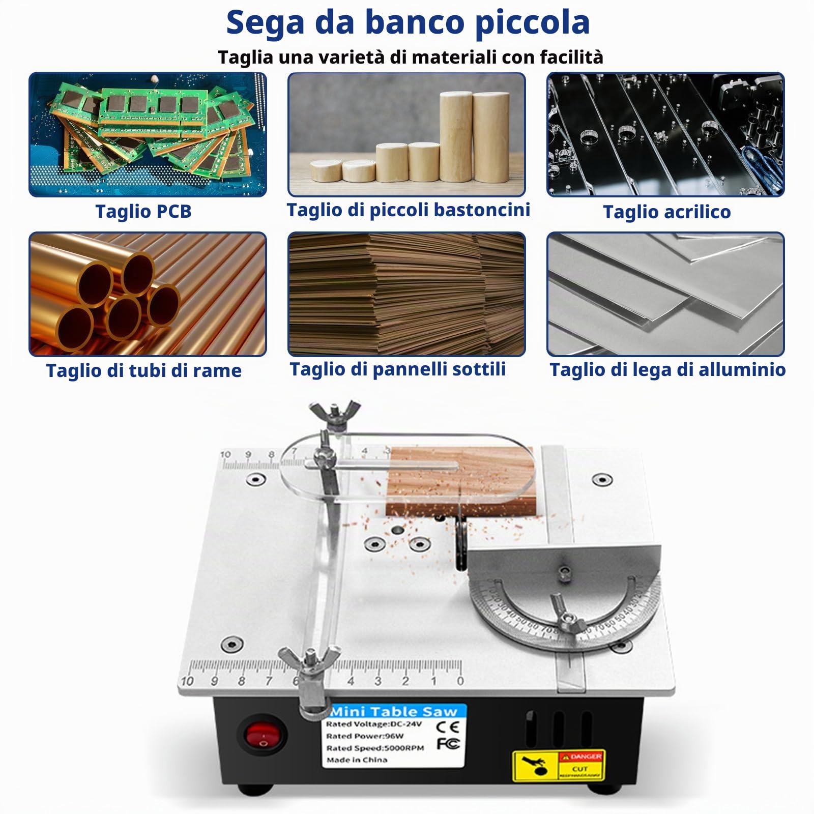 Mini Sega Circolare da Tavolo, Mini Sega da Tavolo di Precisione Portatile 96 W, Alimentatore a 7 Velocità, Lama Regolabile da 0,1 a 15 mm, Multifunzionale per Progetti di Falegnameria DIY