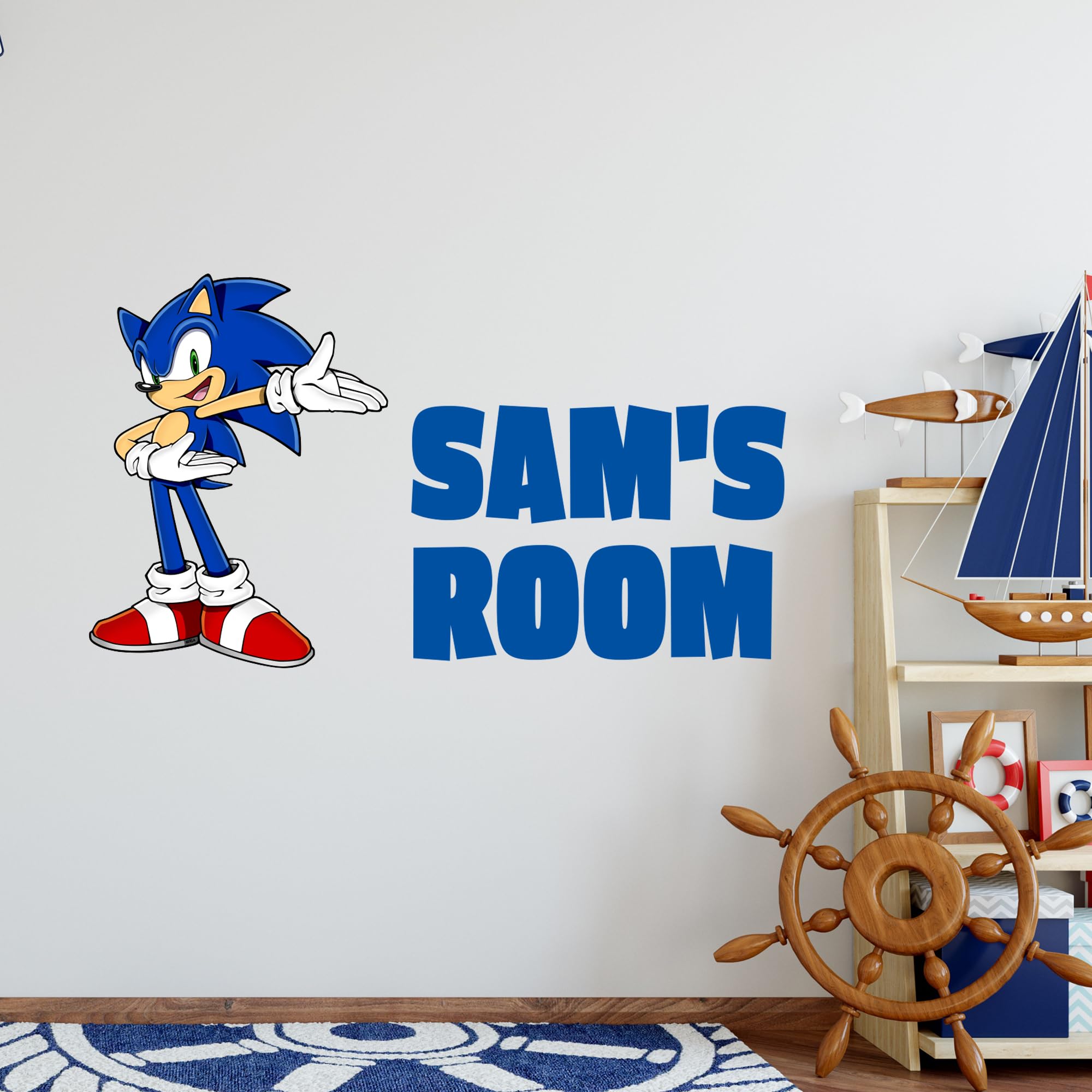 Themed Blue Sonic The Hedgehog Wall Sticker - Sonic Pointing At Personalised Name Wall Art (90Cm Width X 45Cm Height)