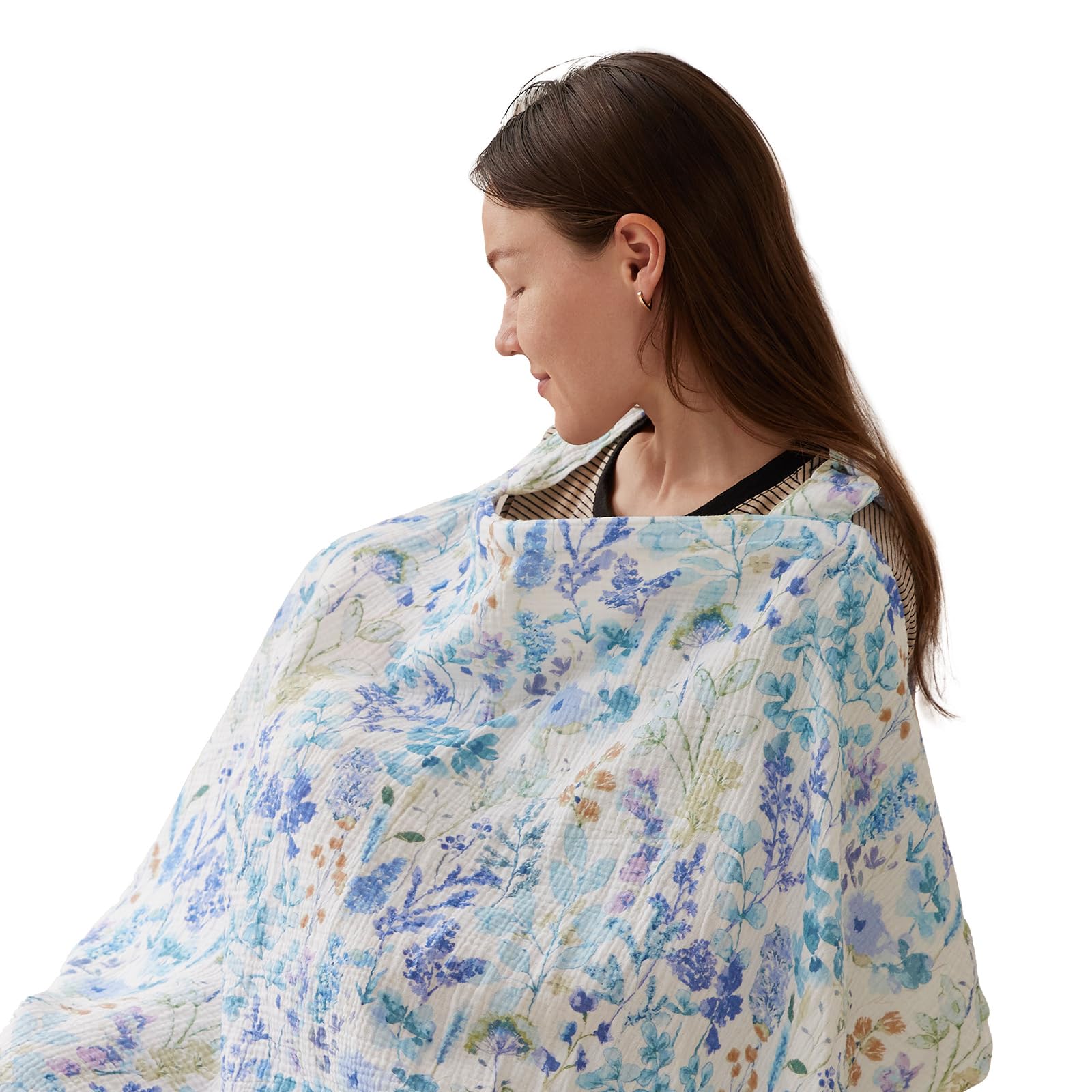TILLYOU Toalla de lactancia para viajes, 70 x 100 cm, muselina, delantal de lactancia, 100% algodón, cubierta para enfermería, diseño de flores azules