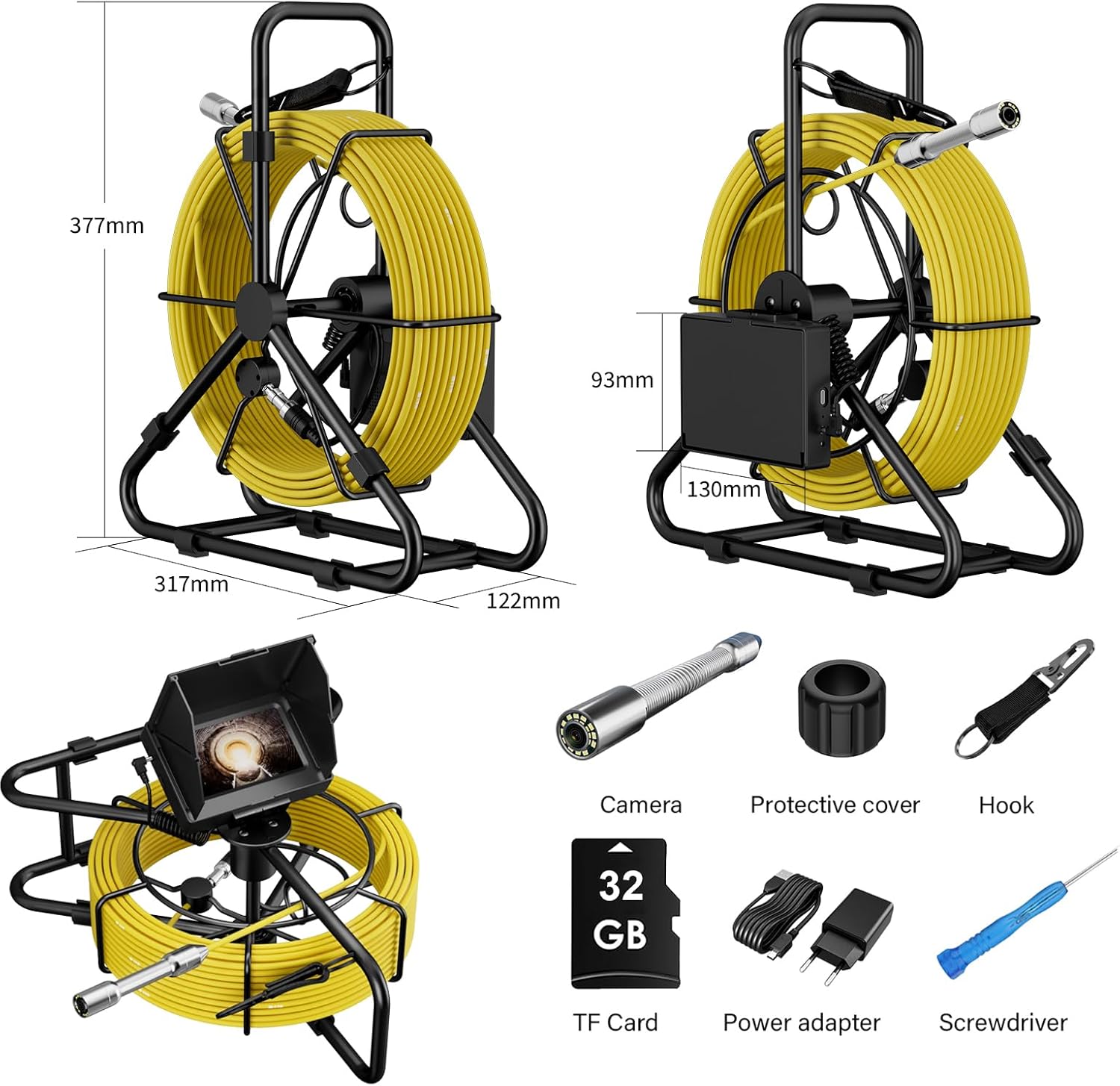 Sewer Camera 100ft, 4.3" Pipe Snake Camera with DVR Function, Drain Plumbing Inspection with LED Light, 17mm/0.67in Waterproof Industrial Endoscope for Home Wall Duct Drain Pipe (10m/32ft)