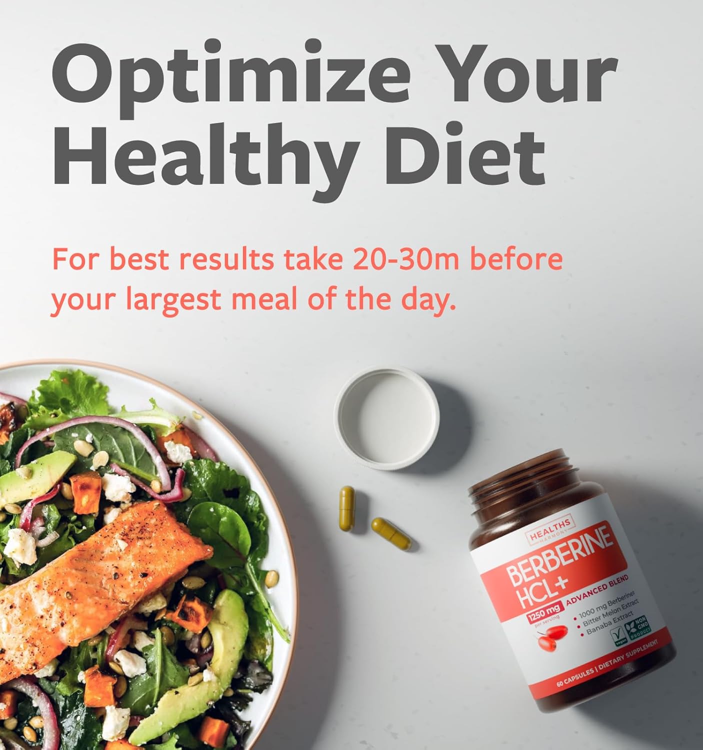 Berberine Supplement (Non-GMO & Vegetarian) Berberine HCL Plus Bitter Melon & Banaba Leaf Extract Capsules - Berberine 500mg Each, 1000mg Per Serve - AMPK Metabolic Activator - 60 Caps (No Pills)