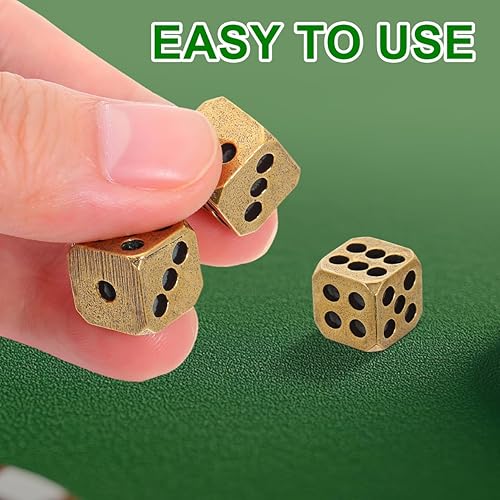 Miniatura 5 de Juego de 6 dados de latón macizo, dados de metal de 6 caras para juegos de bar, estilo vintage, 0.43 pulgadas, dorado, perfecto para fiestas y