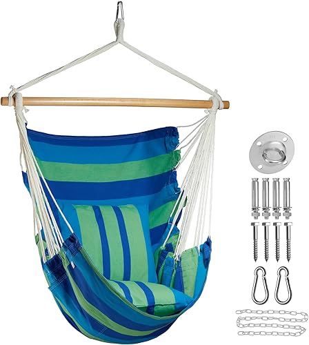 Silla de columpio con kit de herrajes Chulim, incluye 2 cojines, silla colgante XL para interior y exterior, patio, jardín, peso máximo 330 libras -