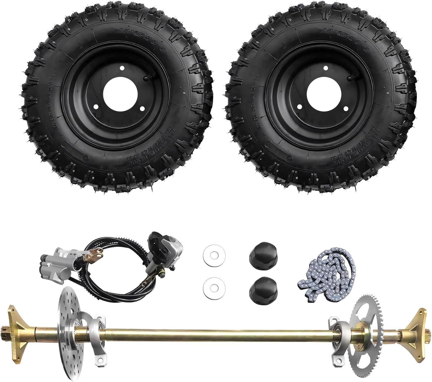 6" Go Kart Axle Kit, 740MM Rear Axle Kit with 2 Wheels, Tires, Rim, Brake Assembly and T8F Chain, DIY Live Axle Kit for Go Kart, Quads, Trike, Drift Bikes