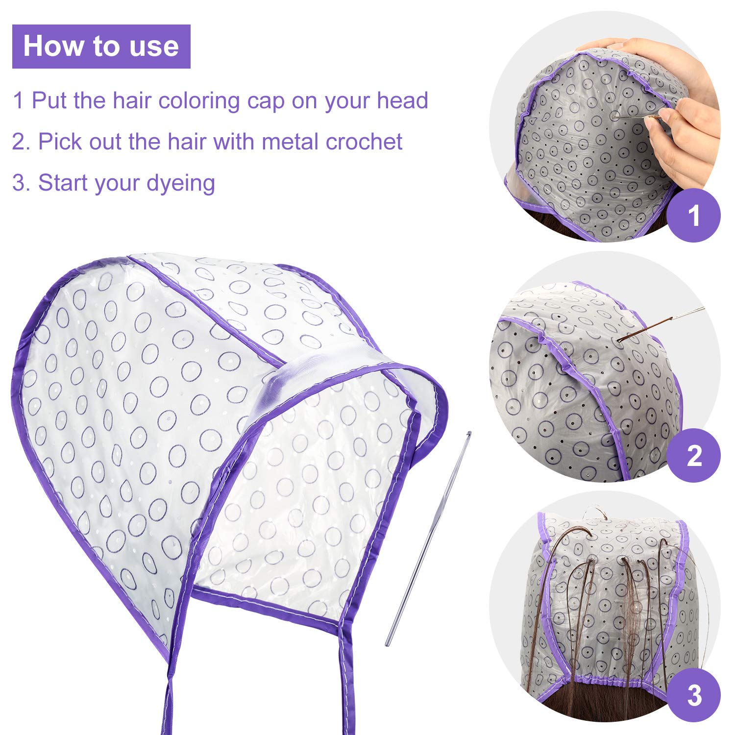 Kit de 20 gorras de cabello desechables para resaltar, gorra de peluquería para teñir el cabello con 2 ganchos de metal para uso doméstico y salón de belleza (morado) 3