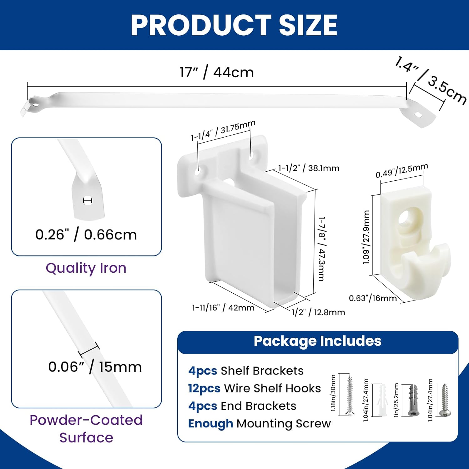12 Inch Wire Shelf Support Brackets Kit, Includes 12 Wire Shelf Clips and 4 End Brackets, 24 Screws and 24 Expansion Tubes for Support Shelves, Closet, Wardrobe, Ledge Installation