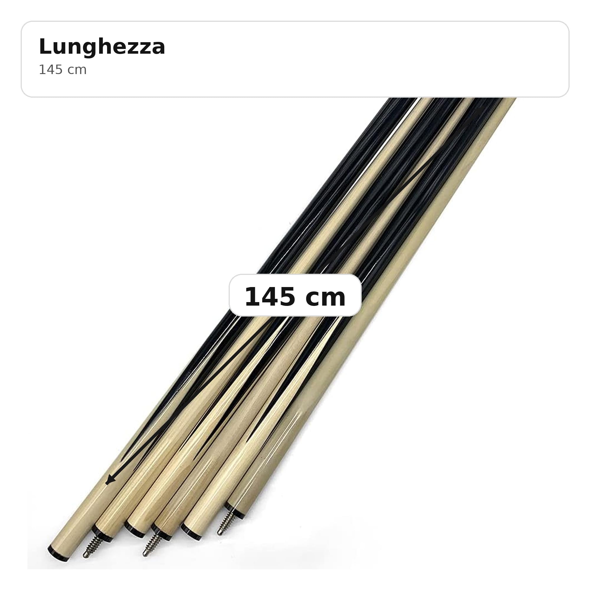 Set 4 Stecche da Biliardo Smontabili 145 cm – Pool e Carambola – Legno di Cassia – Colore Nero e Beige – Alta Qualità per Giocatori Principianti e Professionisti