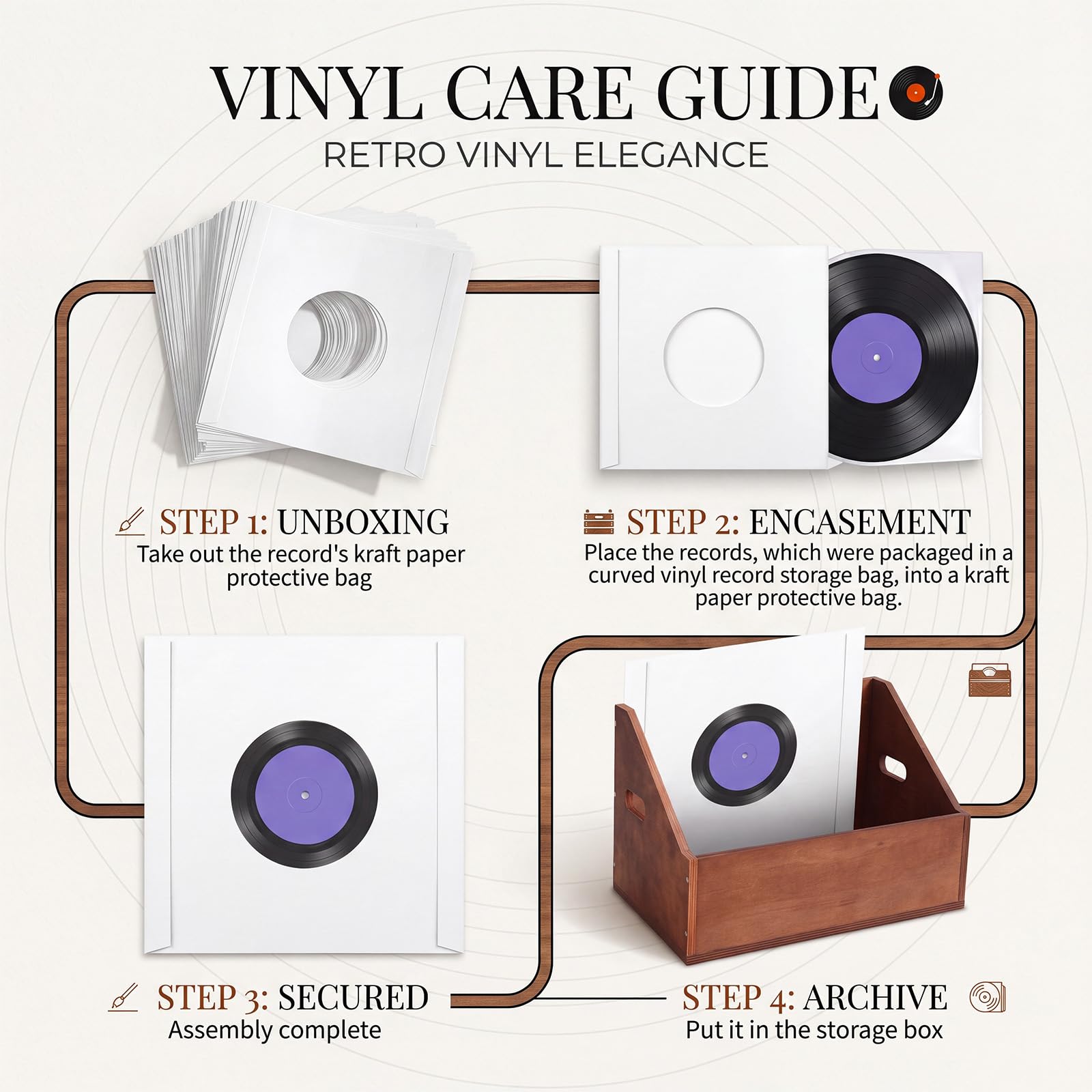 Fumete Scatola portaoggetti in legno per dischi in vinile, con 100 custodie per dischi da 45 giri/min, organizer resistente per album con manici e custodia quadrata in carta kraft da 17,8 cm, per