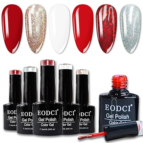 eodci Kit de esmalte de uñas de gel, esmalte de gel UV, 6 colores, rojo burdeos, purpurina, juego de esmalte de gel para arte de uñas, hogar, salón