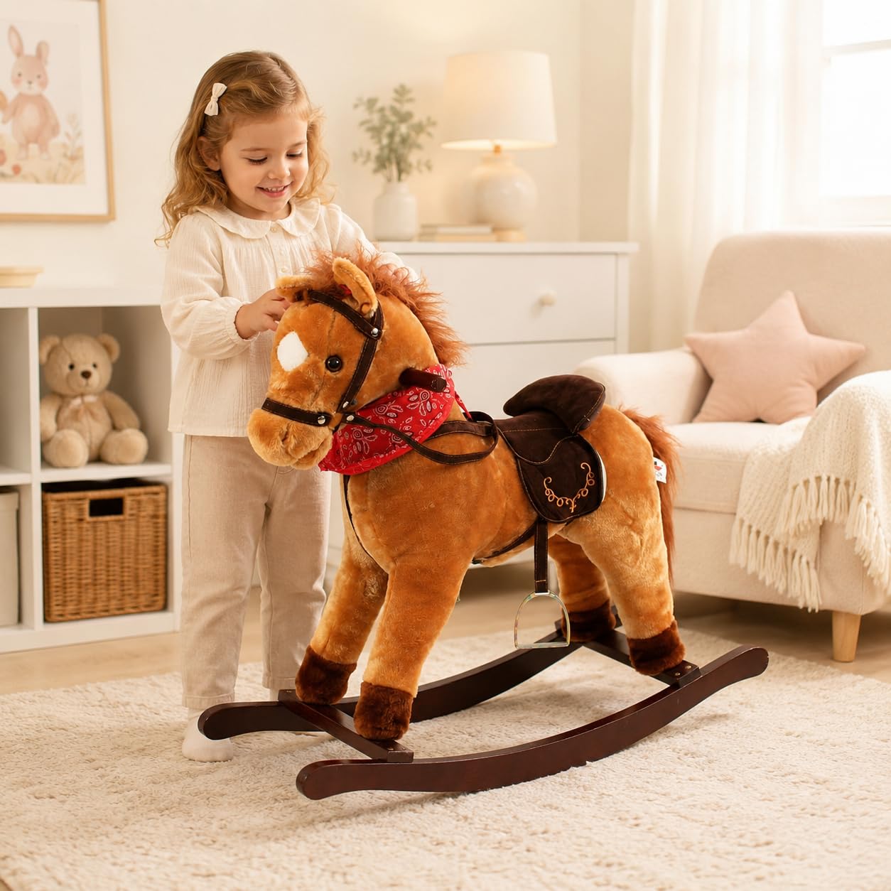 Bayer Chic 2000 Schaukelpferd Cowboy mit Sound Plüsch Schaukeltier braun | Plüsch-Schaukeltier mit Sound (Wiehern & Galopp) & beweglichen Lippen. Sattelhöhe 46cm. Mit Steigbügeln, Zügeln & Holzgriffen
