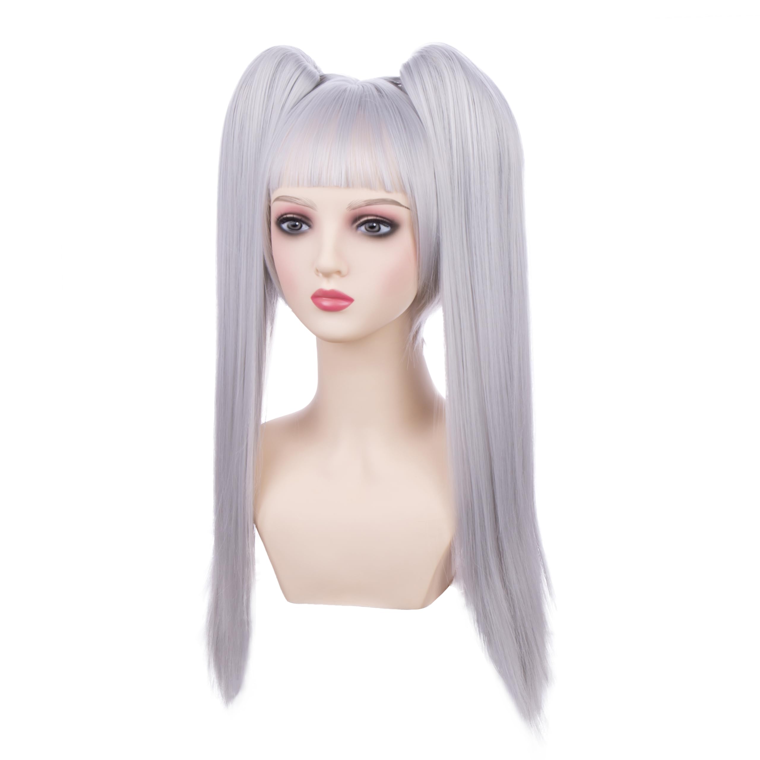 DUDUWIG Girls Silver Gray Wig Kids Long Silver Grey Straight Wig with Bangs Child Ponytail Synthetic Wigs Cosplay Hair Wigs