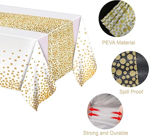 Miniatura 3 de MOLFUJ Mantel de plástico blanco y dorado de 54 x 108 pulgadas para fiesta, paquete de 2 manteles desechables blancos para mesa rectangular de 8