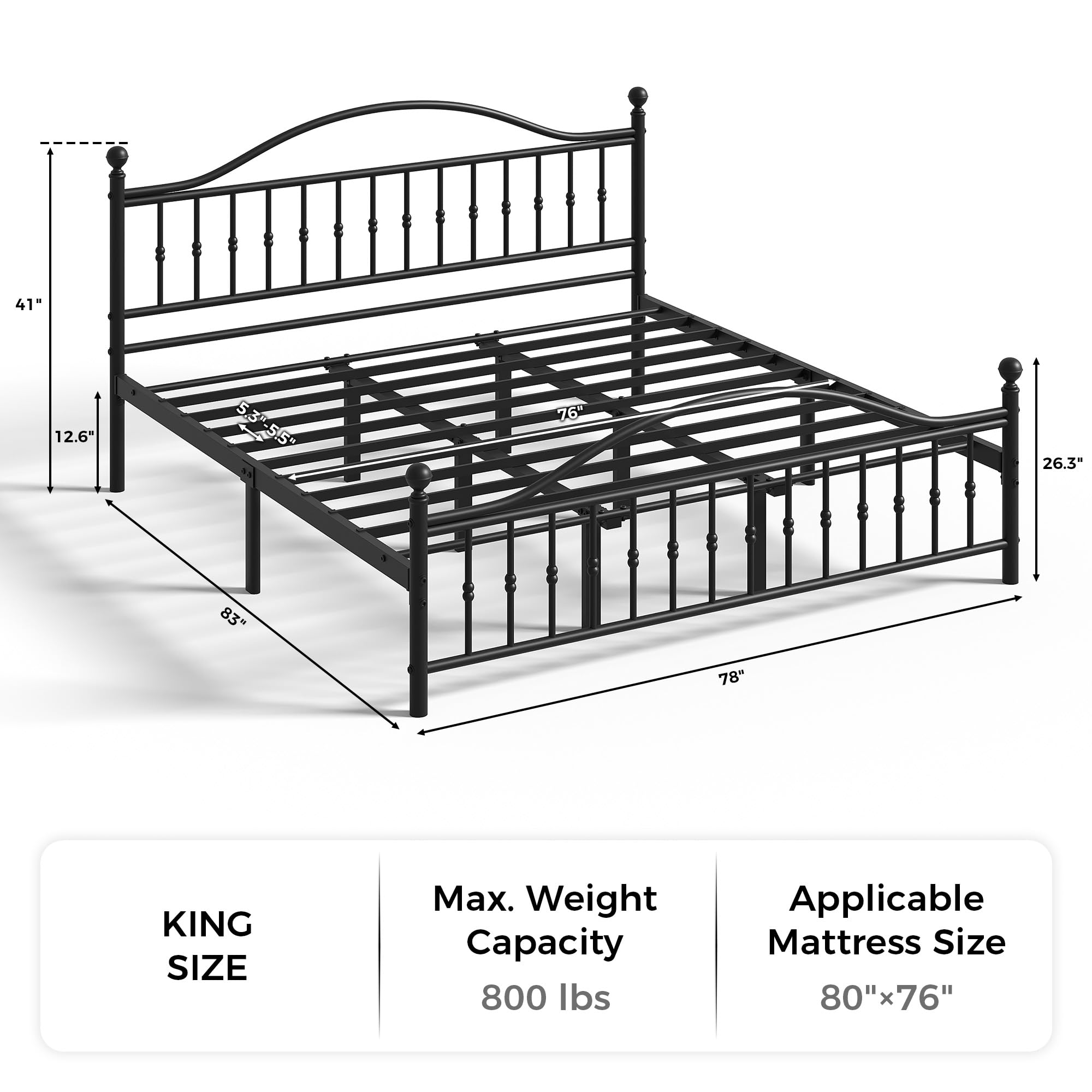 Classic Metal Bed Frame, King Bed Frame with Victorian Vintage headboard, Footboard and Under Bed Storage,Easy Assembly, No Box Spring Needed, 12.6 Inch, Black - 2