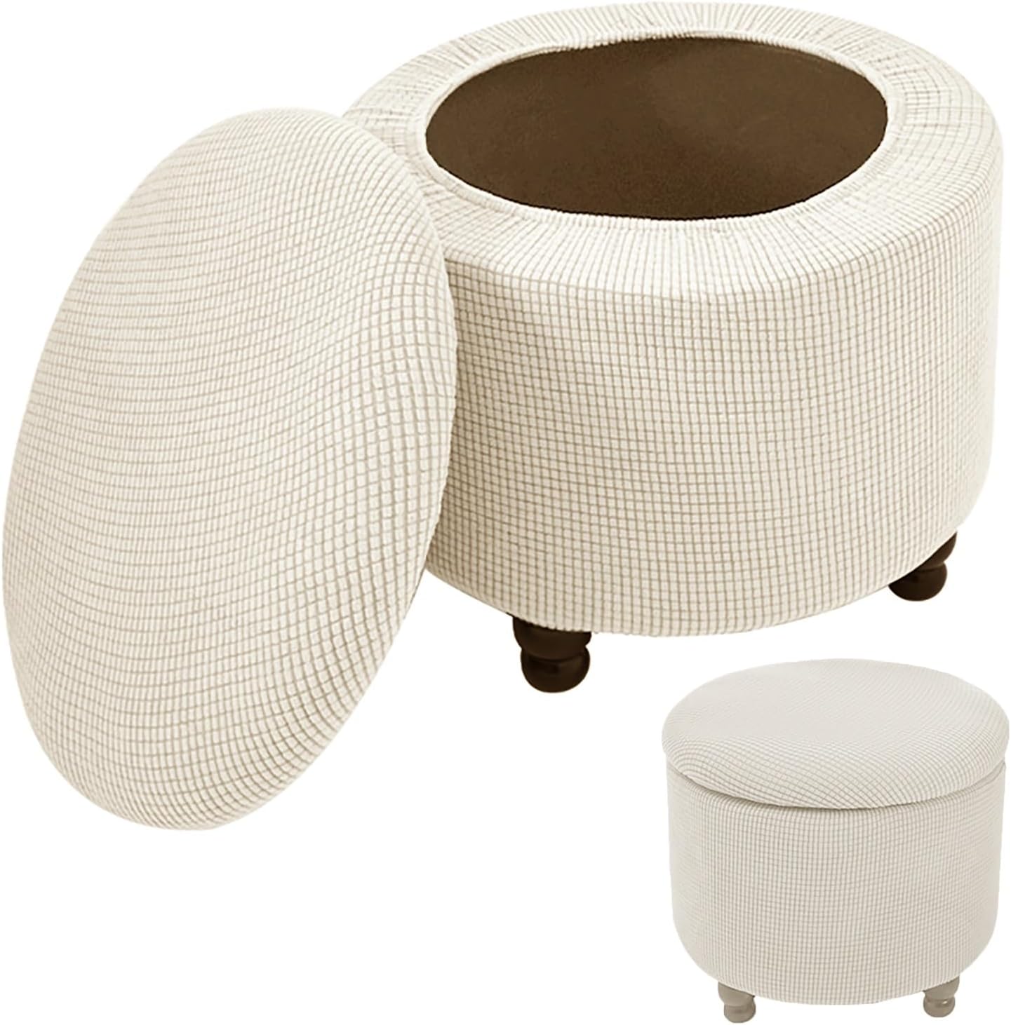 Round Storage Ottoman Slipcover with Lid, Full Elastic Bottom Footrest Stool Protector, 18 Inch Round Storage Stool Cover Only Natural