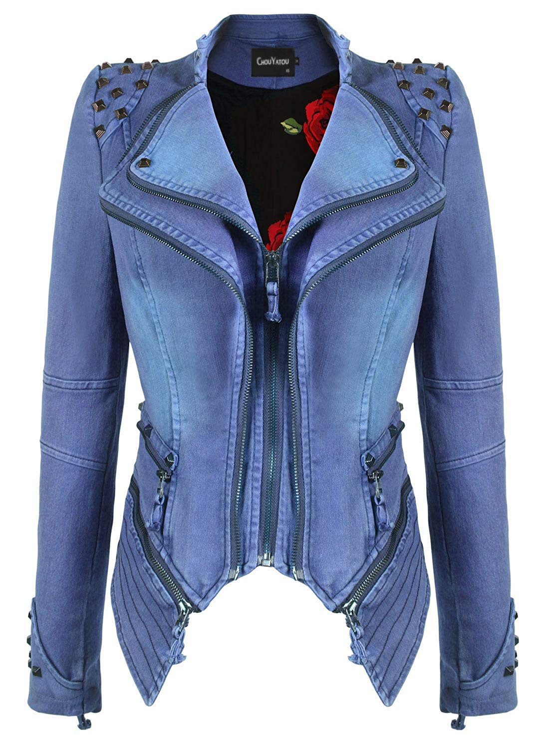 chouyatouWomen's Fashion Studded Perfectly Shaping Faux Leather Biker Jacket