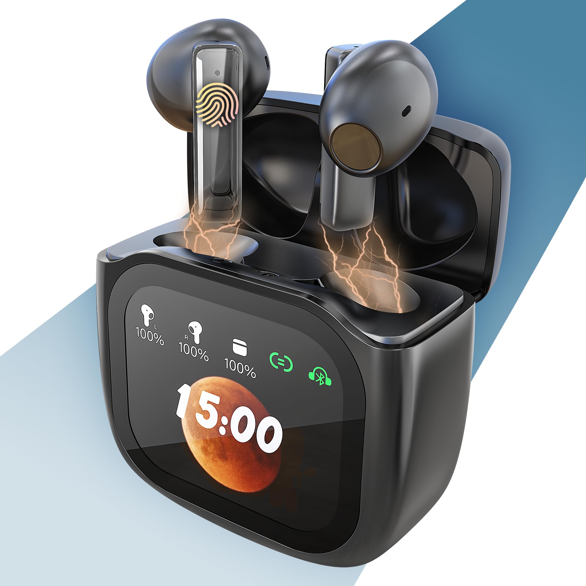 PORTENTUM Wireless earbuds – Customisable LED Touchscreen – Dual ENC Noise cancelling – Headphones bluetooth 5.4 – 50h battery – Touch control Earphones – HiFi bass – Comfortable fit ear buds – USB-C