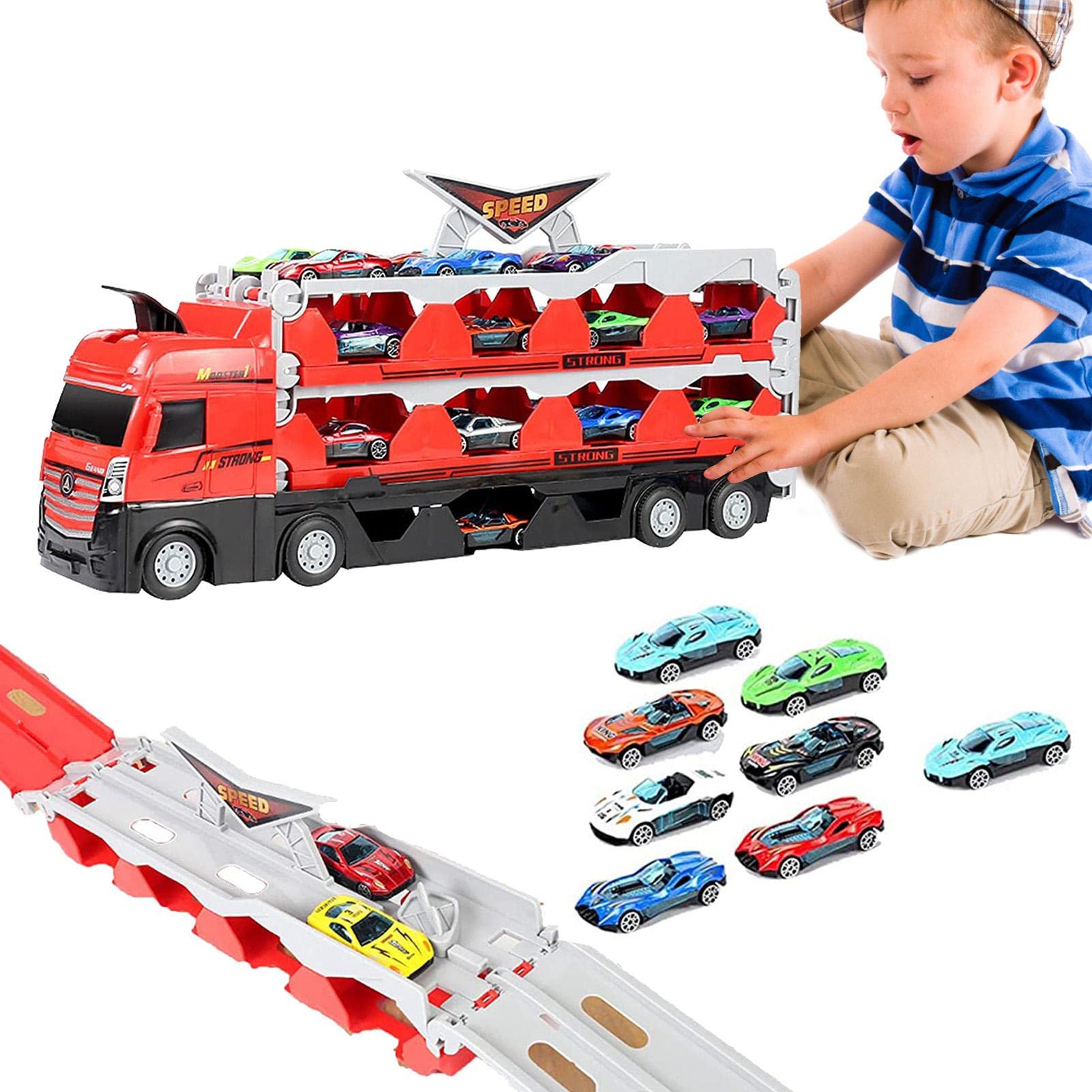 Mega Hauler Truck with Ejection Race Track, 8/16/24 Pcs Big Truck Folding Storage Race Track Deformation Toy Car Transporter Trucks Set, Big Truck Folding Storage Race Track Deformation, for Kids 3+
