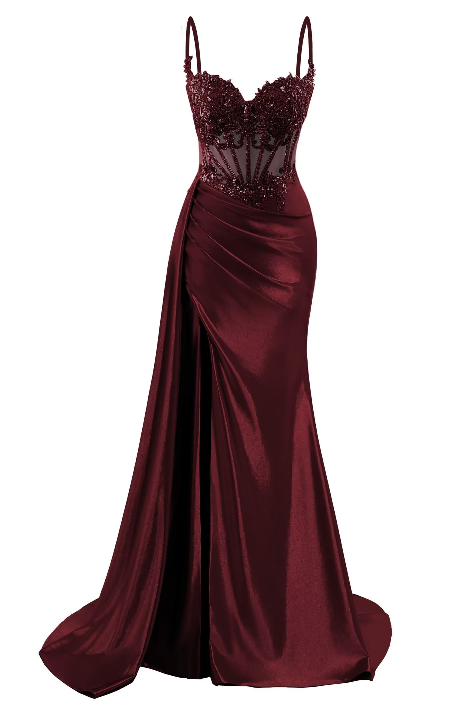 Hppee Women's Burgundy Satin Prom Dresses For With Lace Applique Side Slit Long Formal Celebrity Pageant Evening Gown Uk6