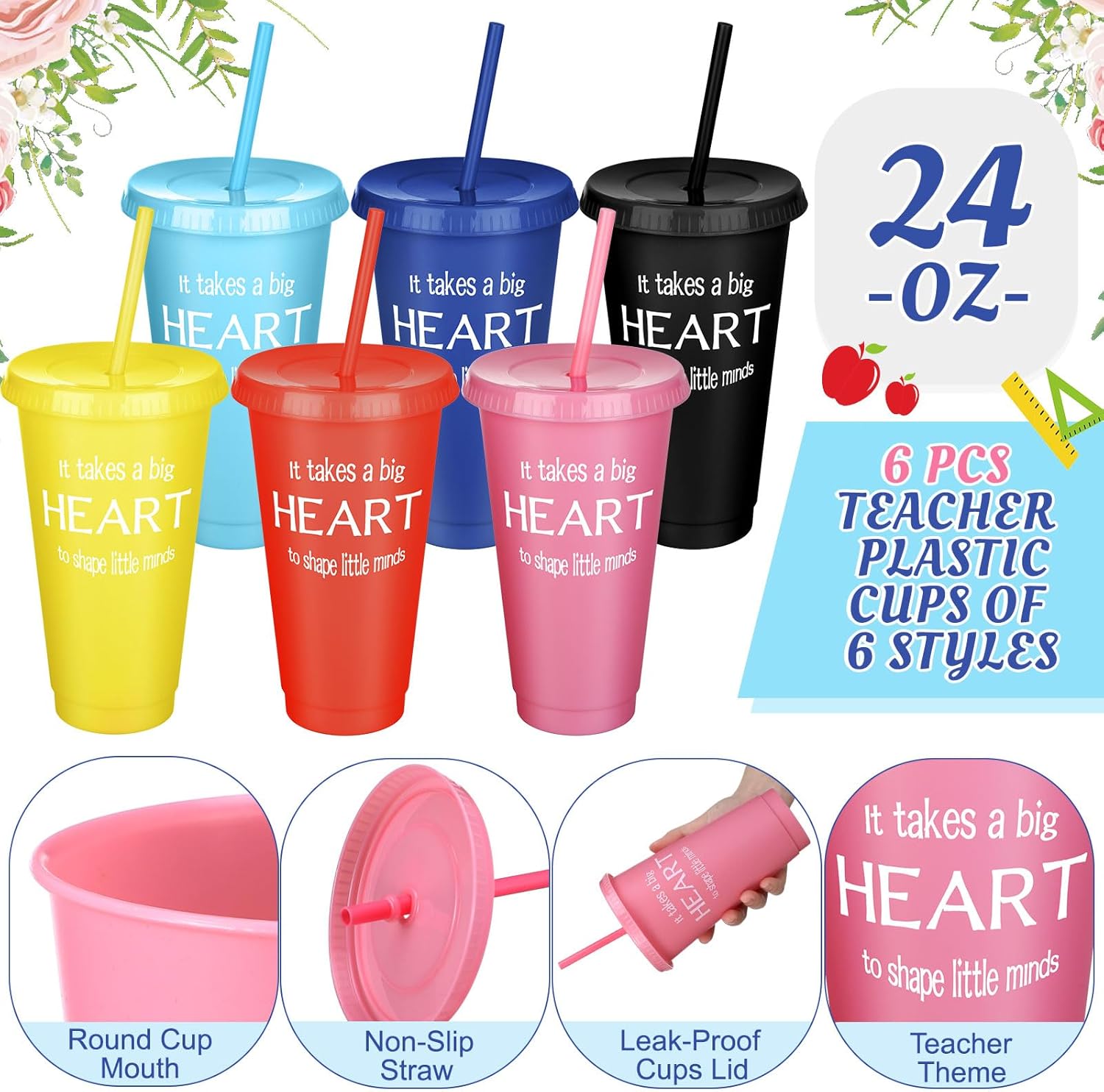 Skylety 24 Pcs Teacher Appreciation Gift Set Teacher Gifts from Student It Takes a Big Heart Plastic Cups Teach Love Inspire Socks Keychains Bracelets Graduation Gifts - Image 4