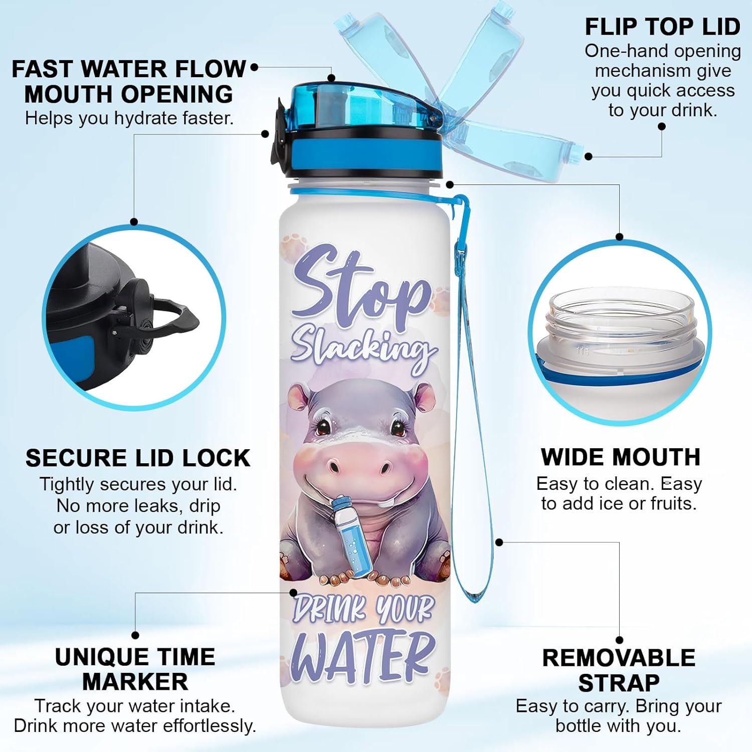 Cute Hippo Hydration Water Bottle 32oz, Stop Slacking Drink Your Water Motivational Bottle, Funny Hippopotamus Animal Gift for Women, Hippo Lover Gifts